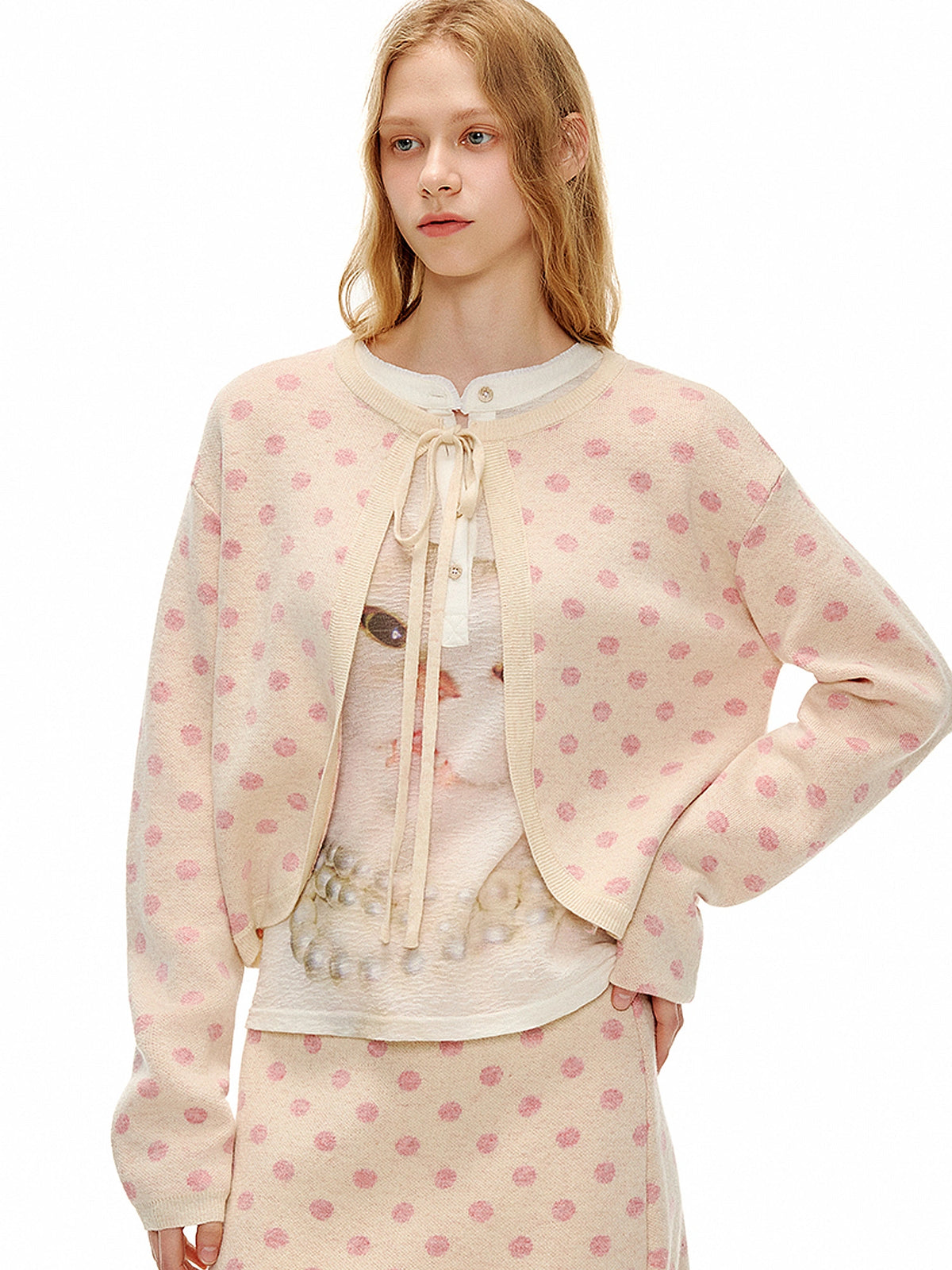 Outtheblue Split Front Polka Dot Knit Tie Up Cardigan | Canton Collective