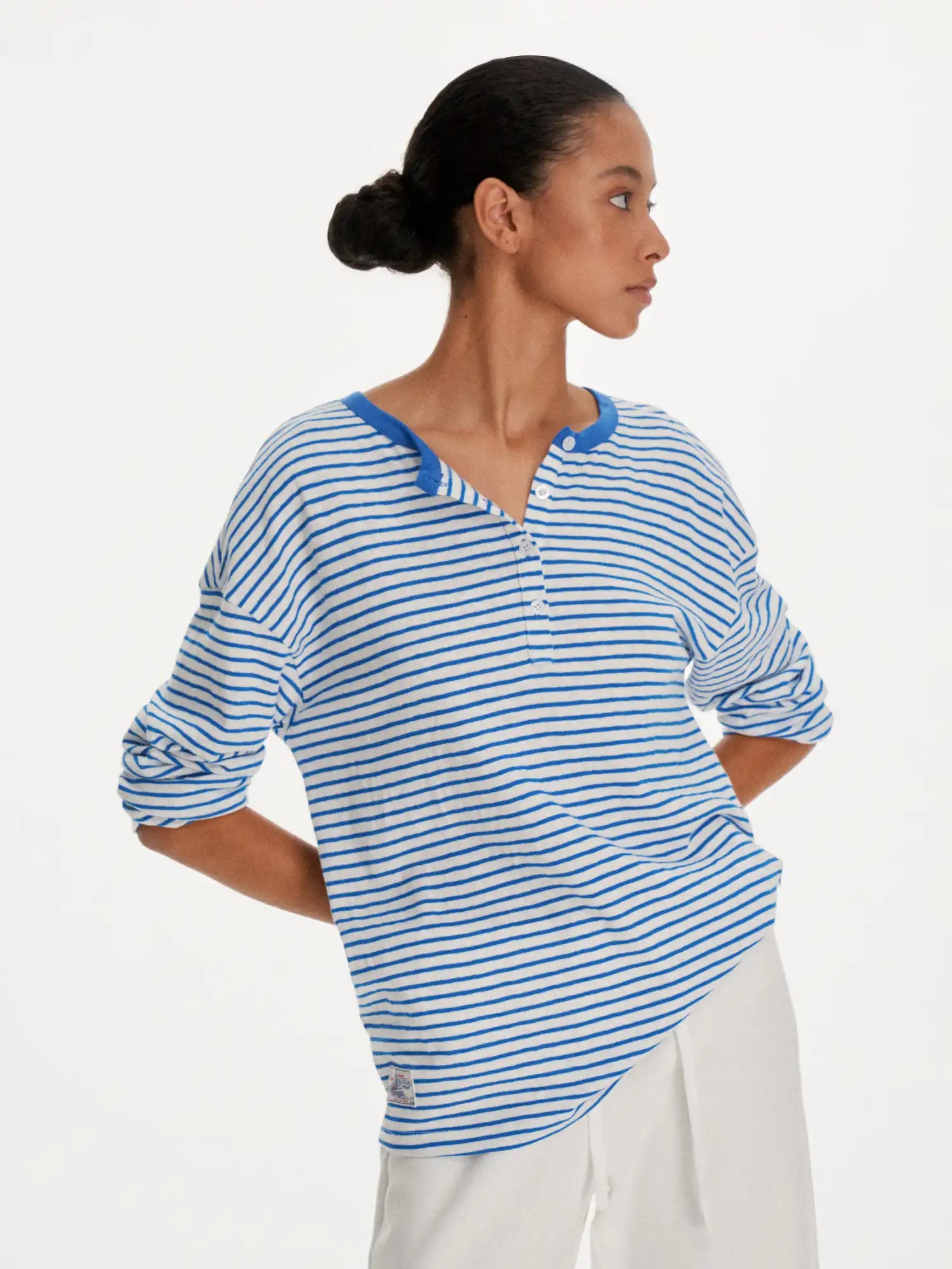 First Floor Striped Linen Feel Henley Long Sleeve Oversized Top | Canton Collective