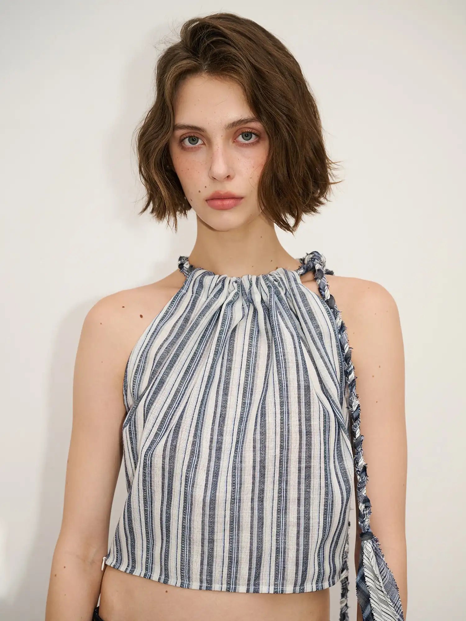 Muse Naps Striped Linen Halter Crop Top | Canton Collective