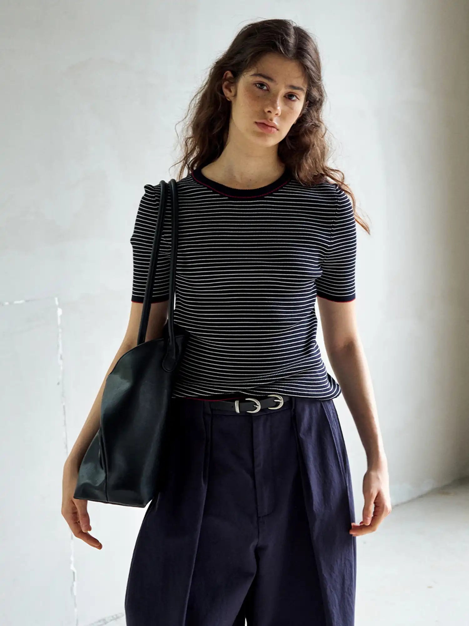 CantonCollective Design Striped Ribbed Knit Short Sleeve Top | Canton Collective