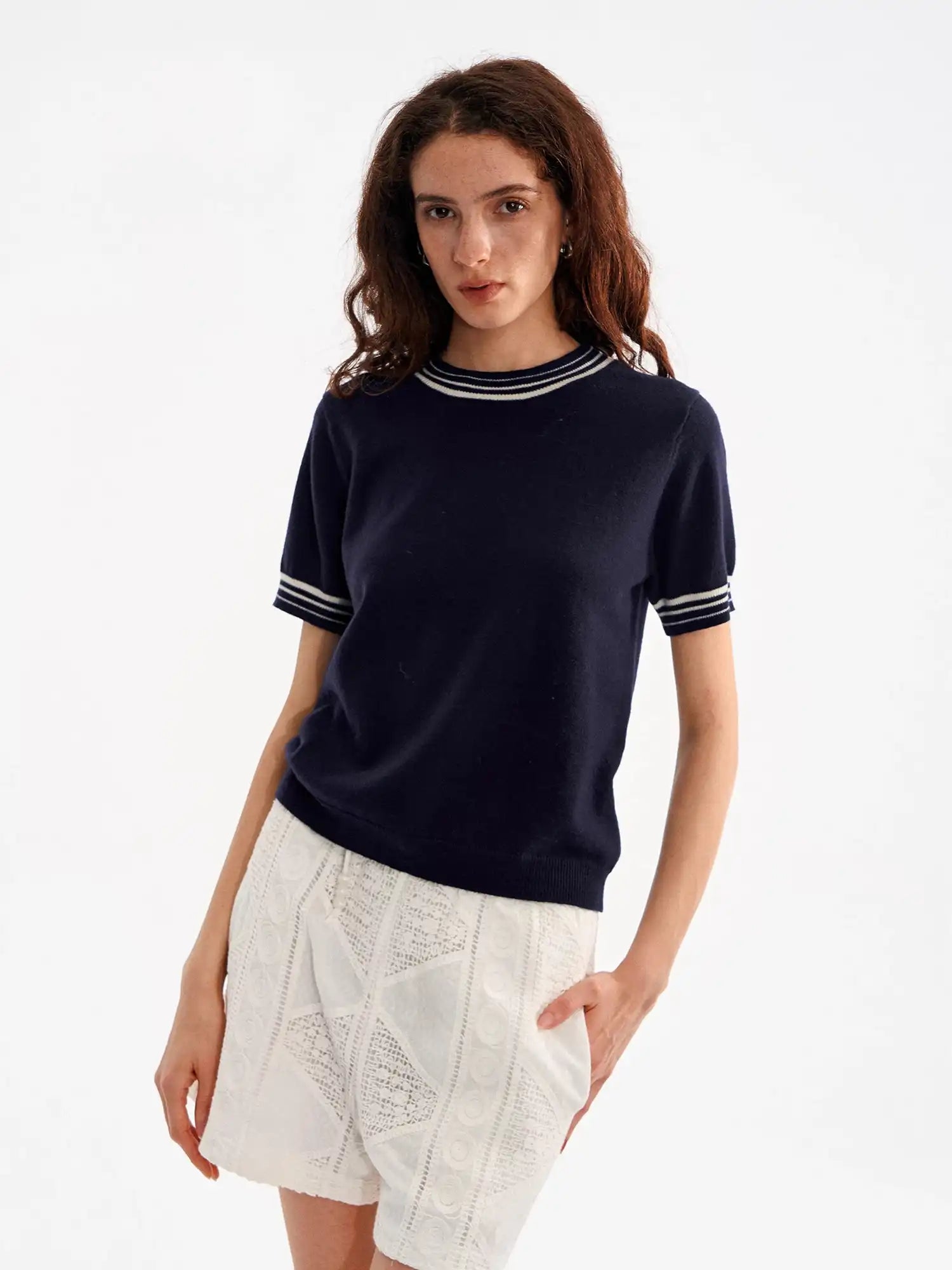 Muse Naps Striped Ribbed Trim Ribbed Knit Top | Canton Collective