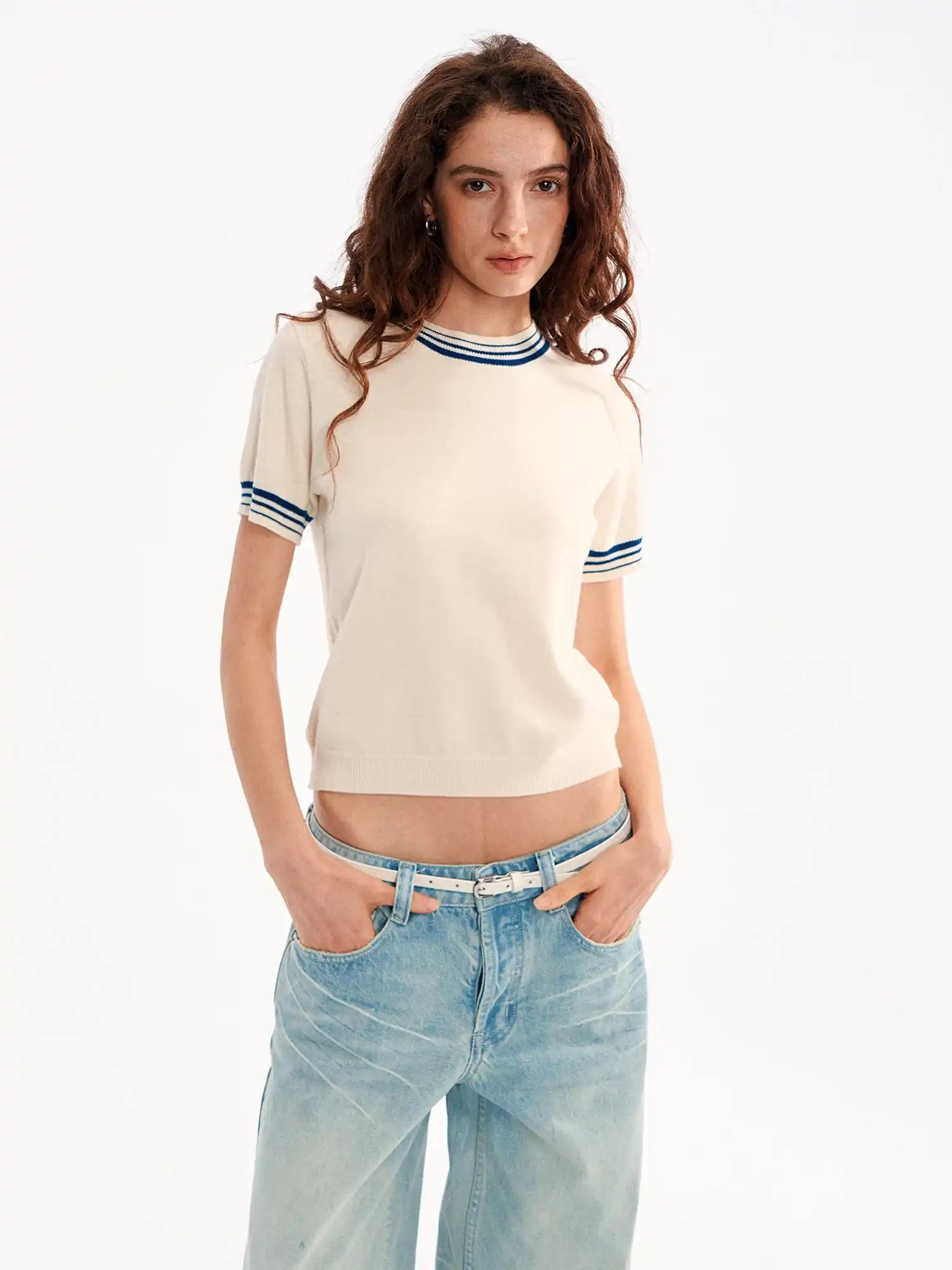 Muse Naps Striped Ribbed Trim Ribbed Knit Top | Canton Collective