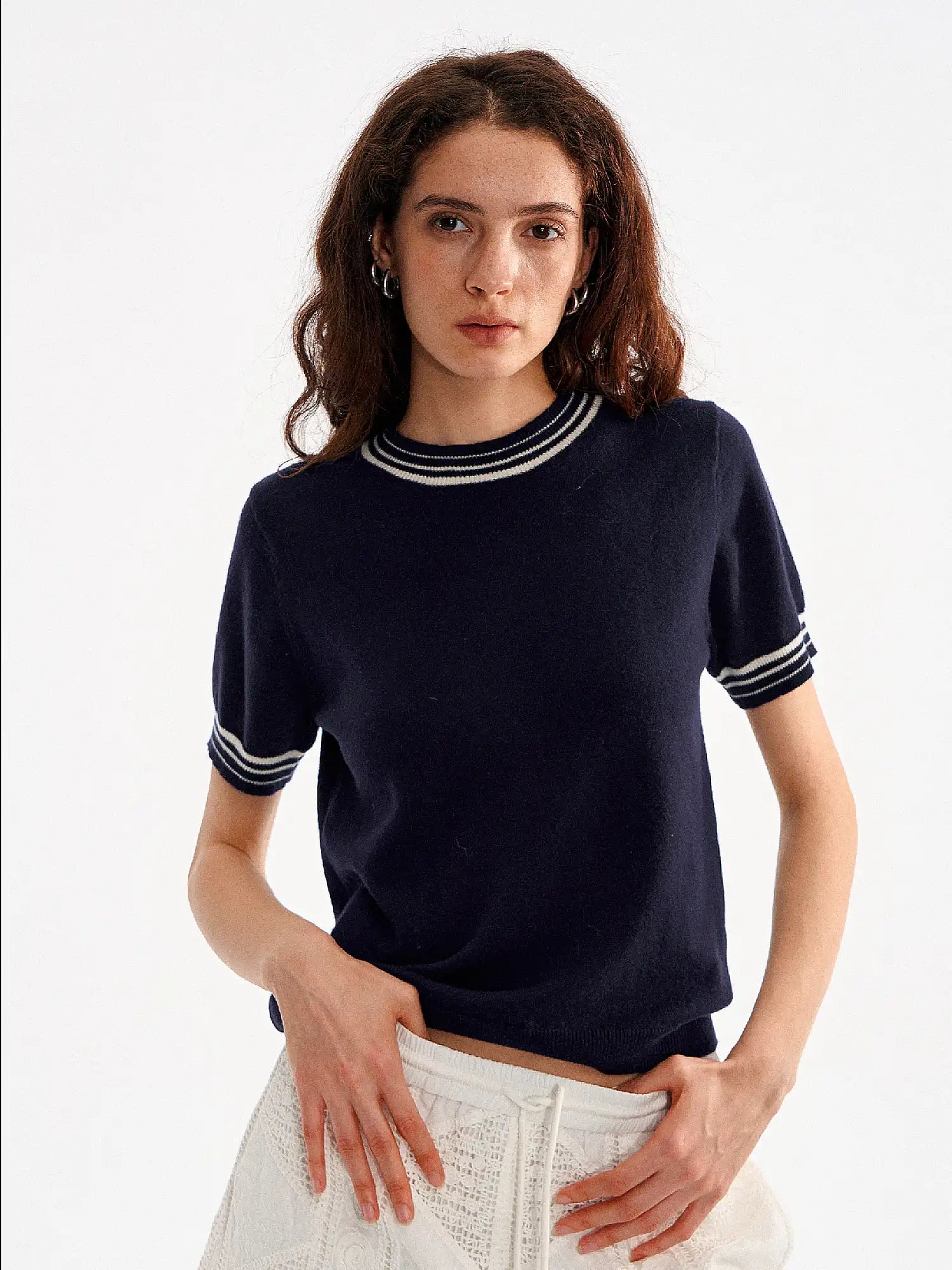 Muse Naps Striped Ribbed Trim Ribbed Knit Top | Canton Collective