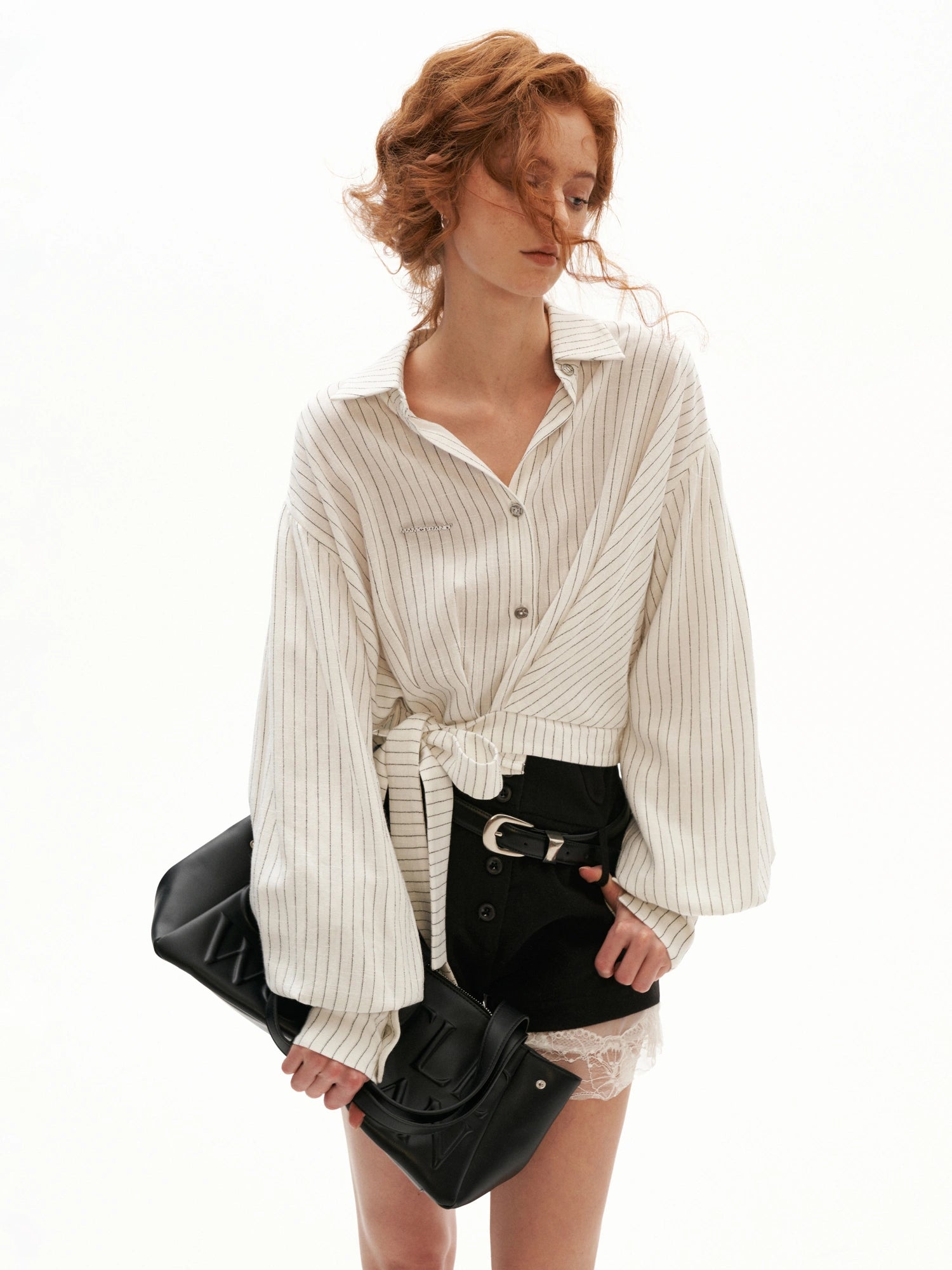 MAMC Striped Tie-Waist White Cropped Shirt | Canton Collective