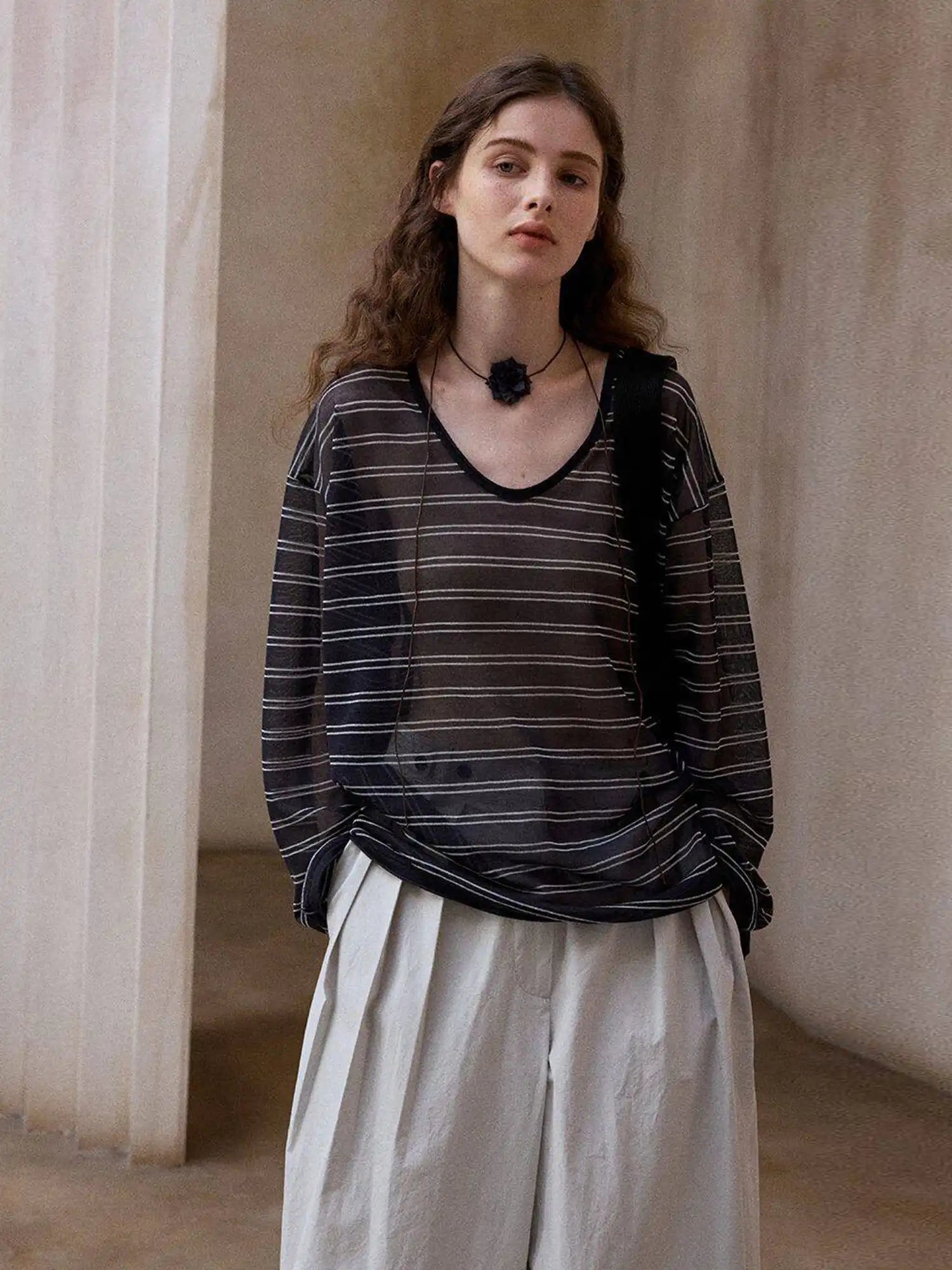CantonCollective Design Striped V-Neck Long Sleeve Knit Top with Tie Back Detail | Canton Collective