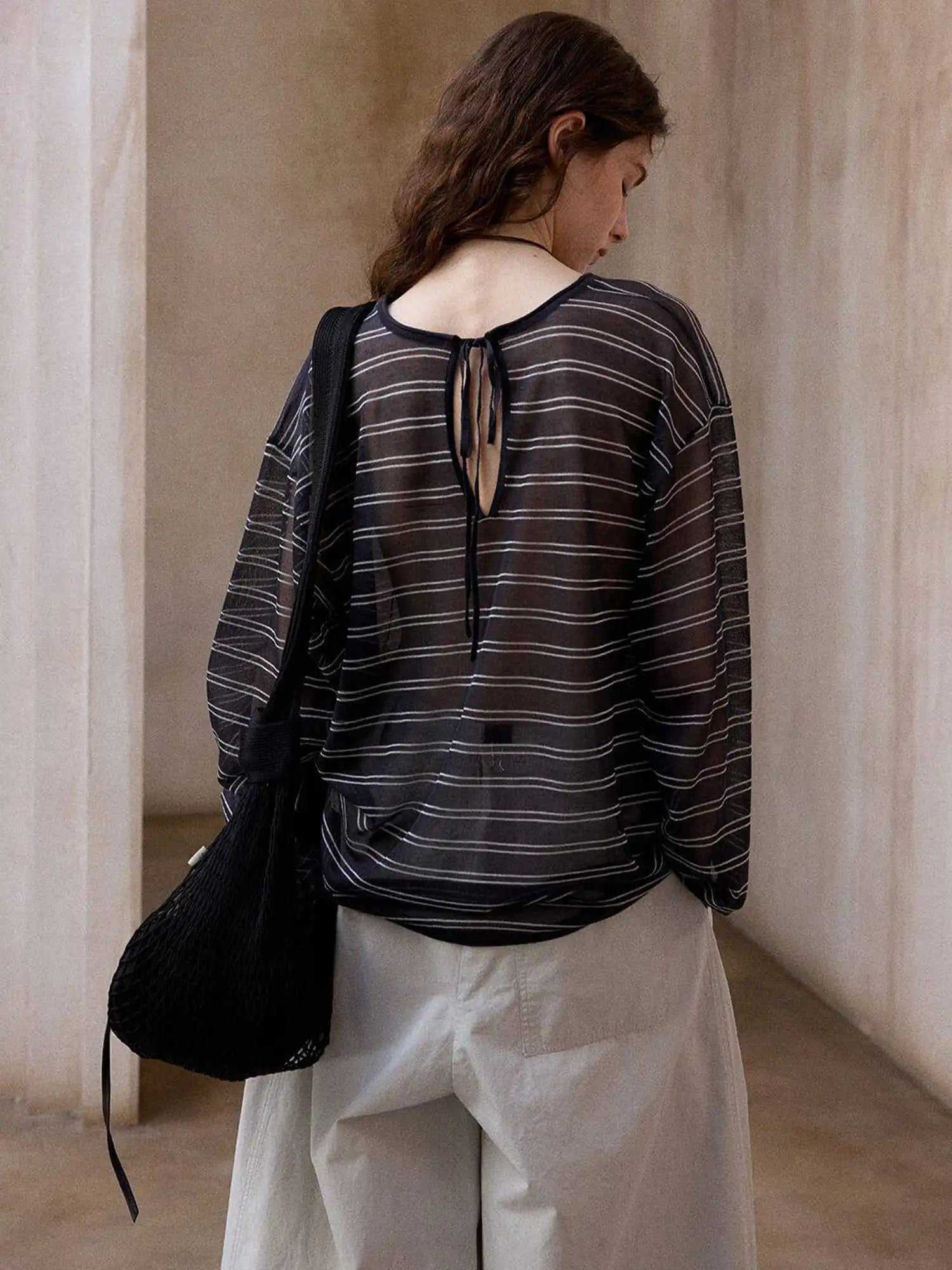 CantonCollective Design Striped V-Neck Long Sleeve Knit Top with Tie Back Detail | Canton Collective