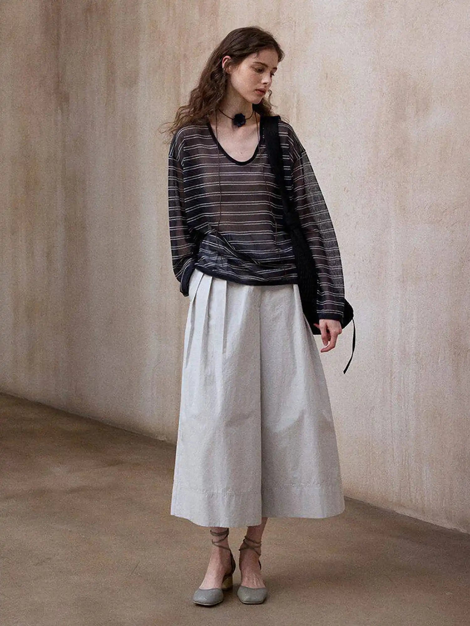 CantonCollective Design Striped V-Neck Long Sleeve Knit Top with Tie Back Detail | Canton Collective