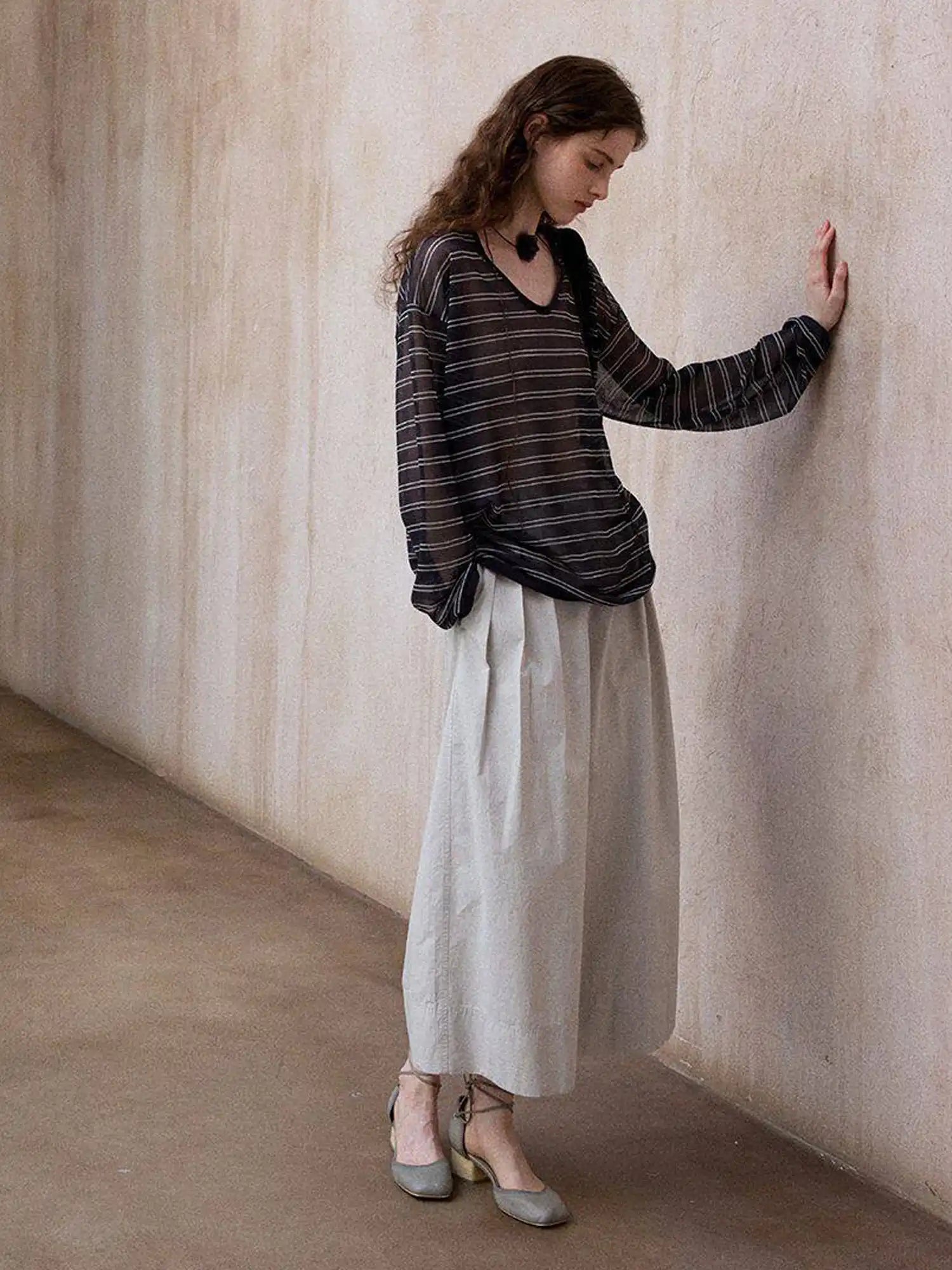 CantonCollective Design Striped V-Neck Long Sleeve Knit Top with Tie Back Detail | Canton Collective