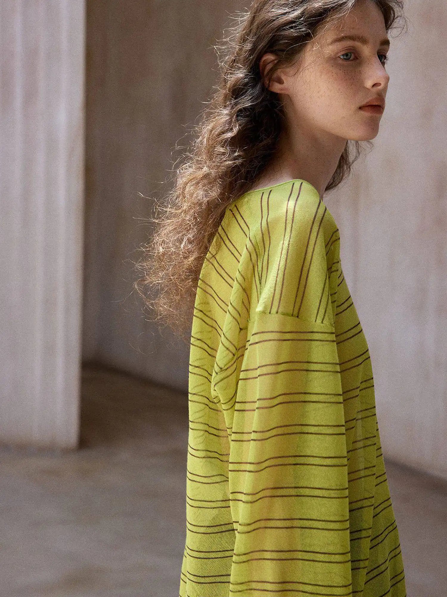 CantonCollective Design Striped V-Neck Long Sleeve Knit Top with Tie Back Detail | Canton Collective