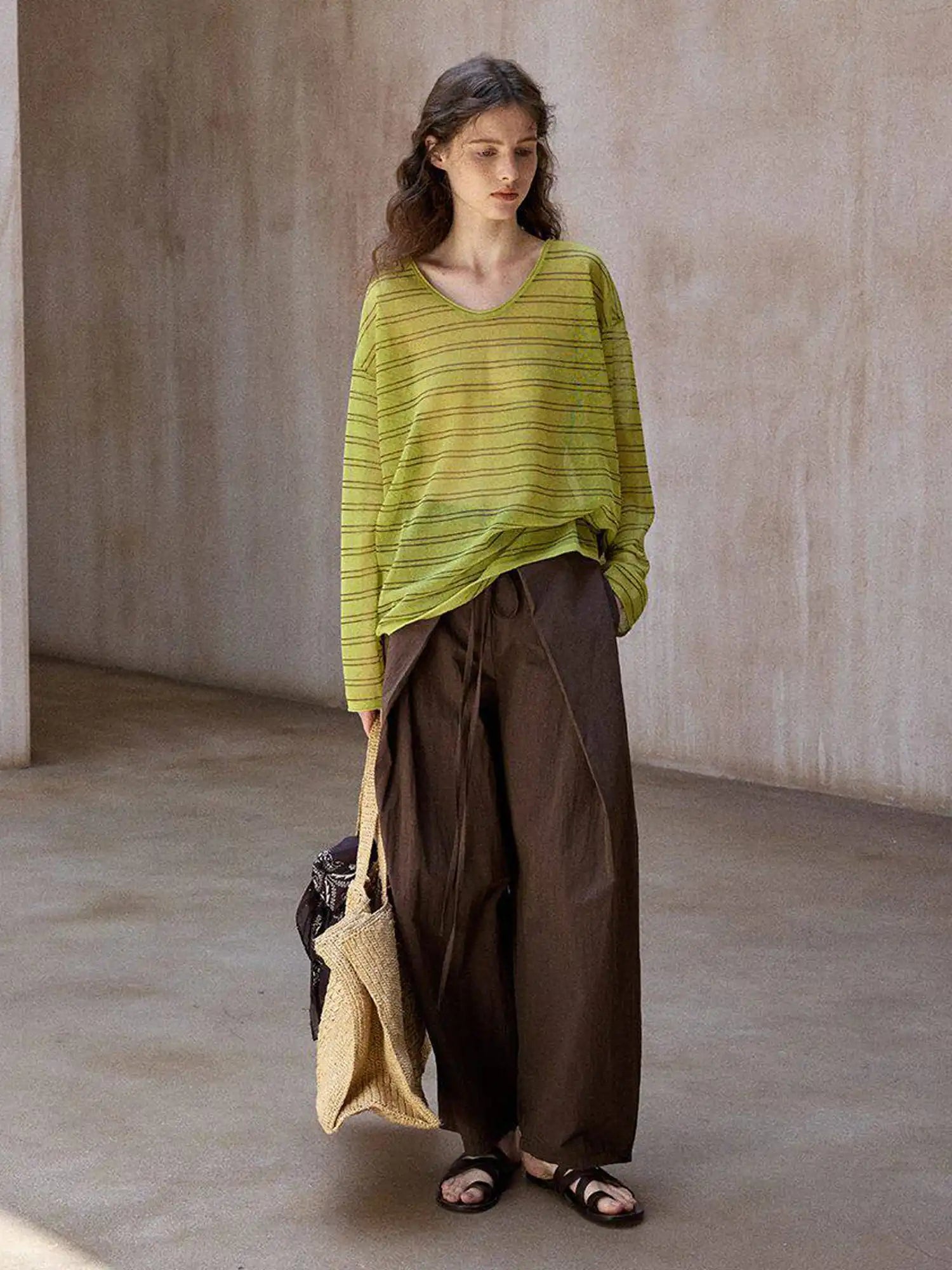 CantonCollective Design Striped V-Neck Long Sleeve Knit Top with Tie Back Detail | Canton Collective