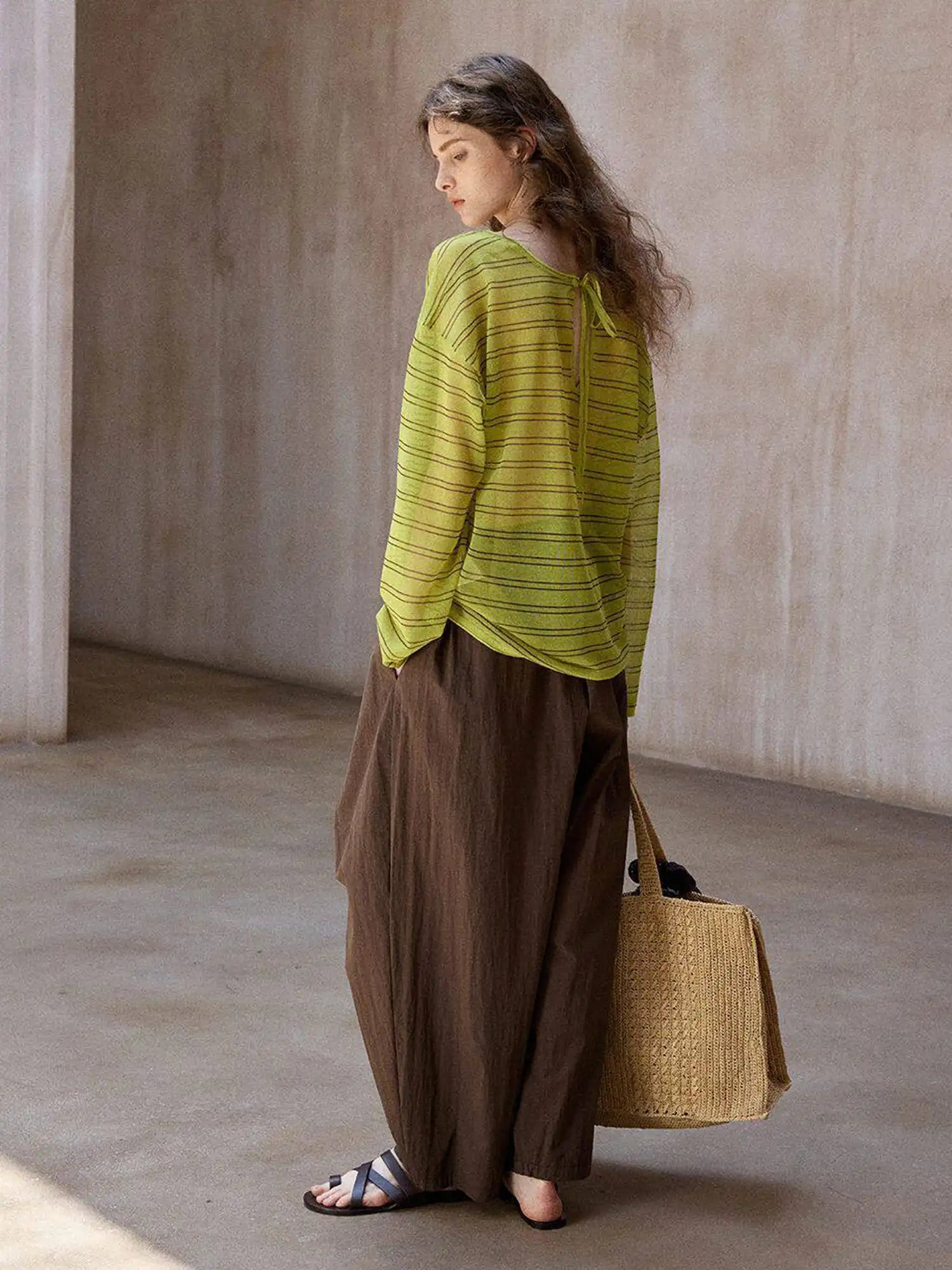 CantonCollective Design Striped V-Neck Long Sleeve Knit Top with Tie Back Detail | Canton Collective