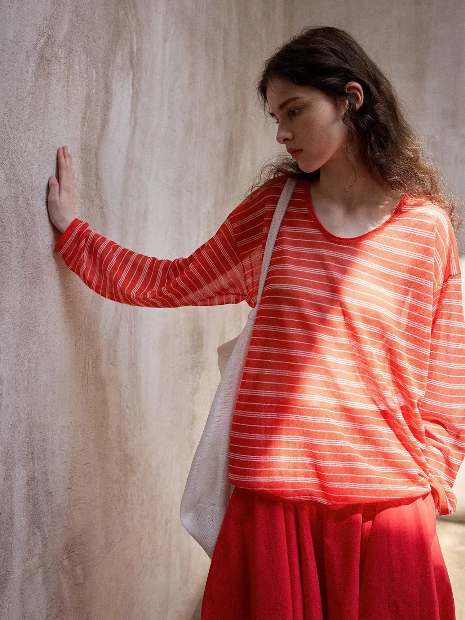 CantonCollective Design Striped V-Neck Long Sleeve Knit Top with Tie Back Detail | Canton Collective