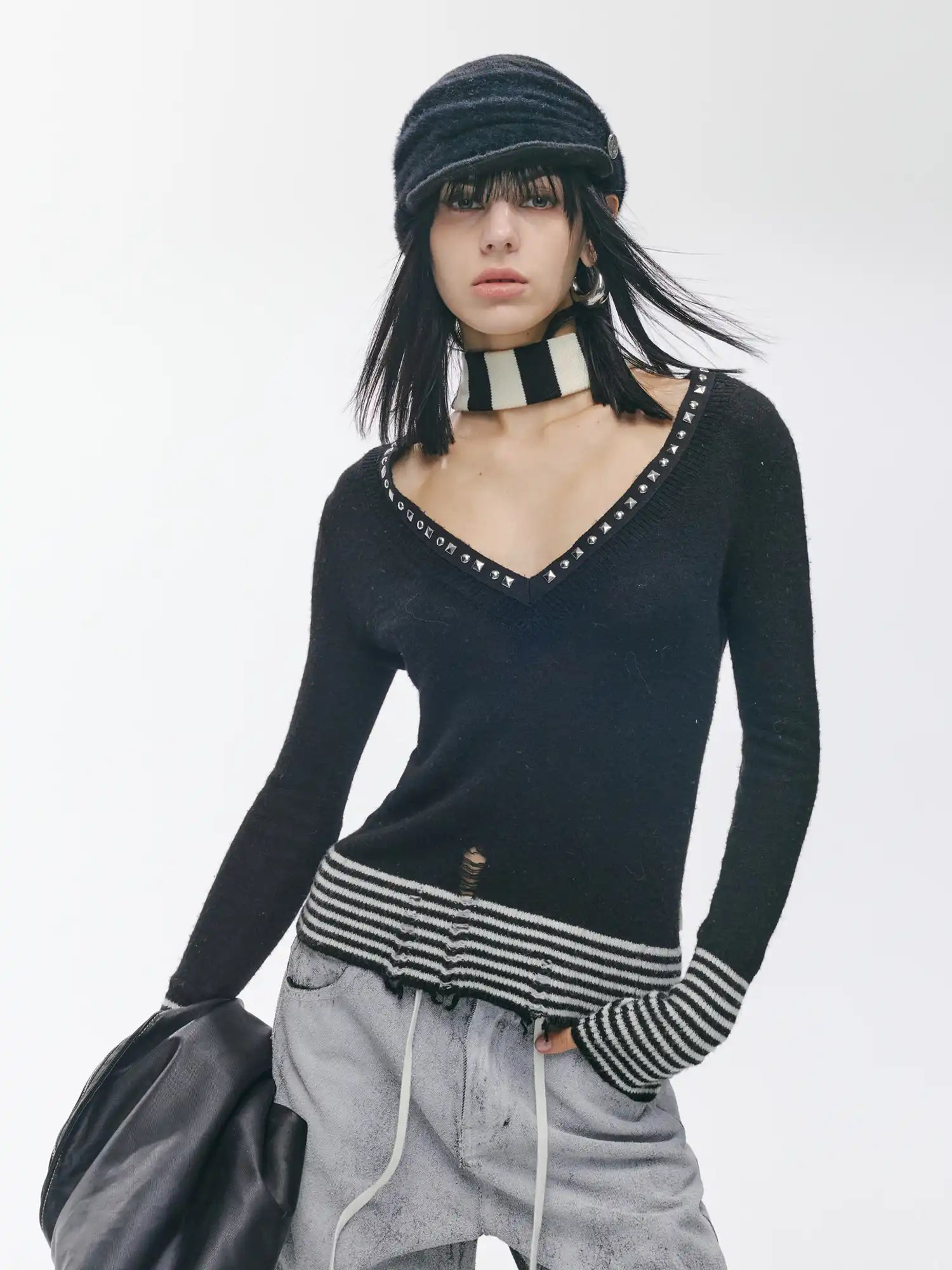 2th Desire Studded Deep V Distressed Knit Top | Canton Collective