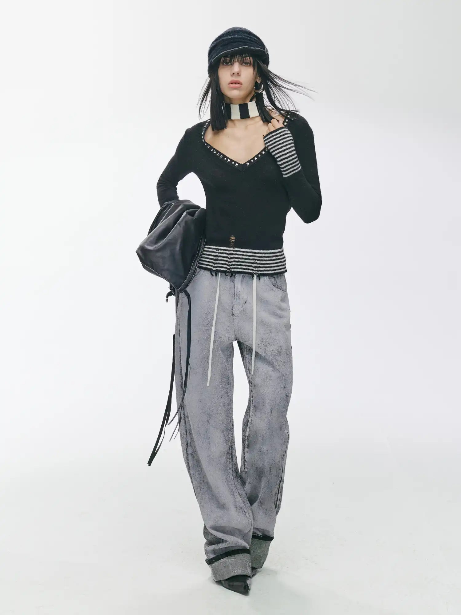 2th Desire Studded Deep V Distressed Knit Top | Canton Collective