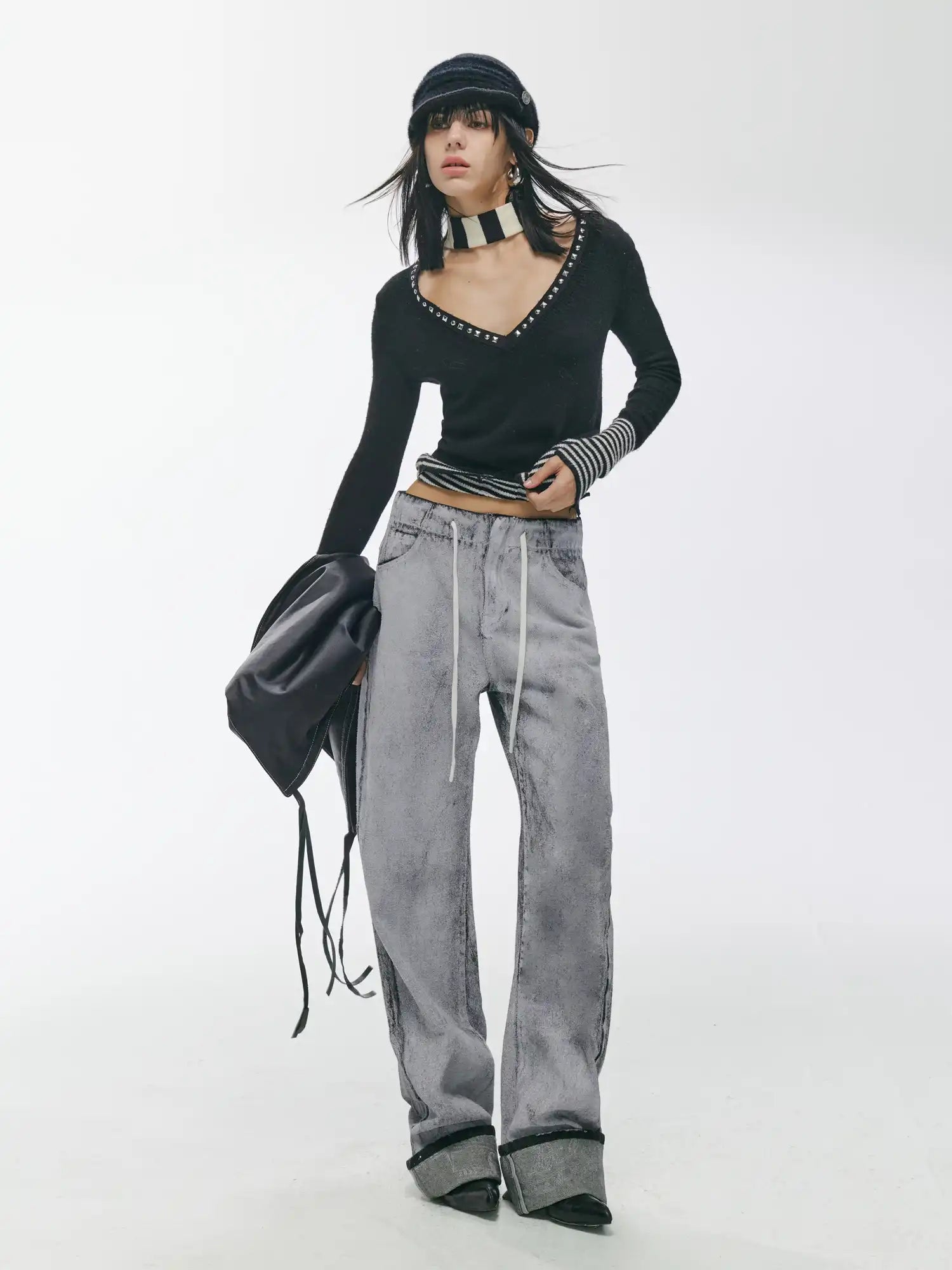 2th Desire Studded Deep V Distressed Knit Top | Canton Collective