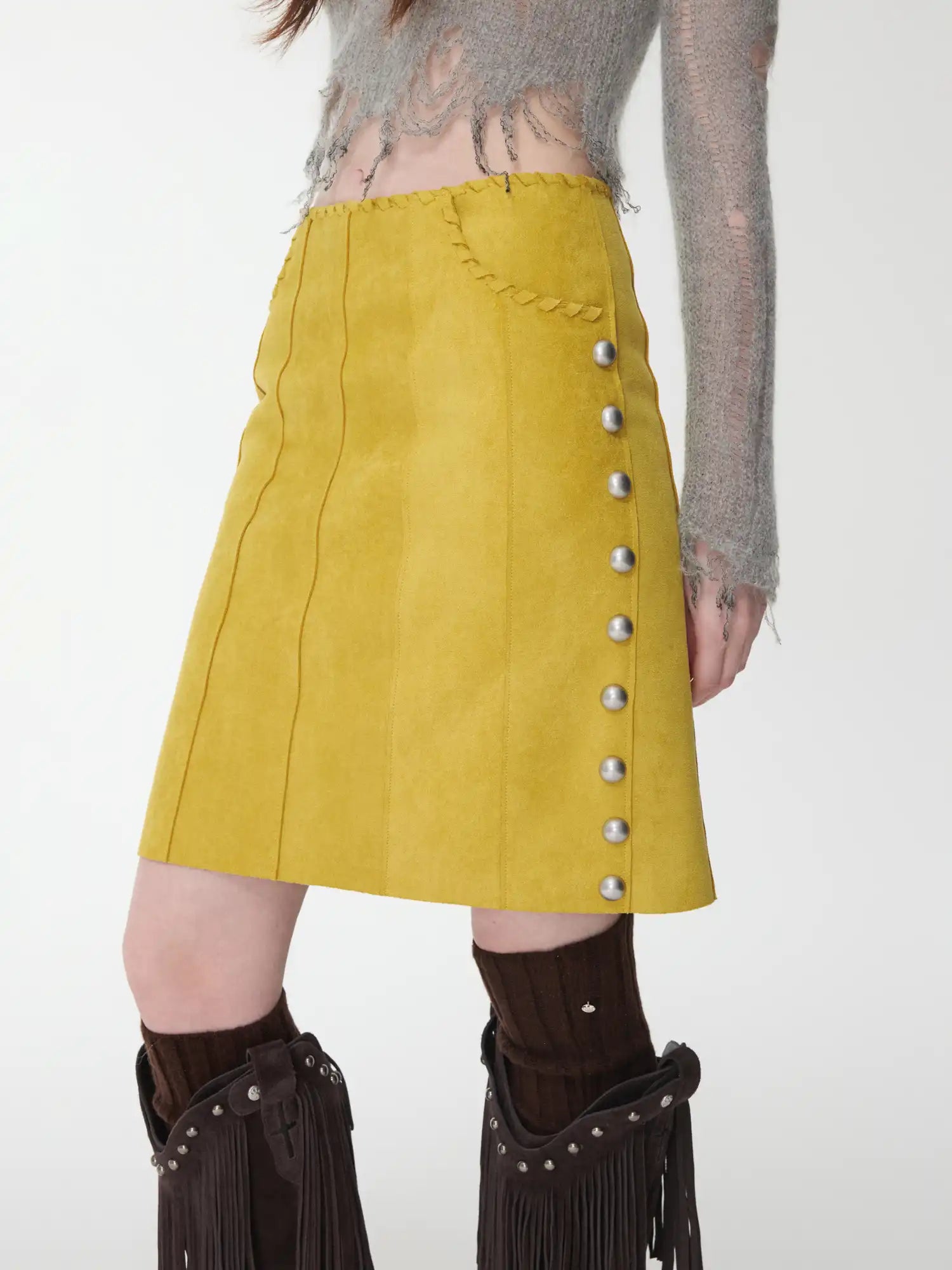 1Jinn Studio Suede Studded High-Waisted Midi Skirt | Canton Collective