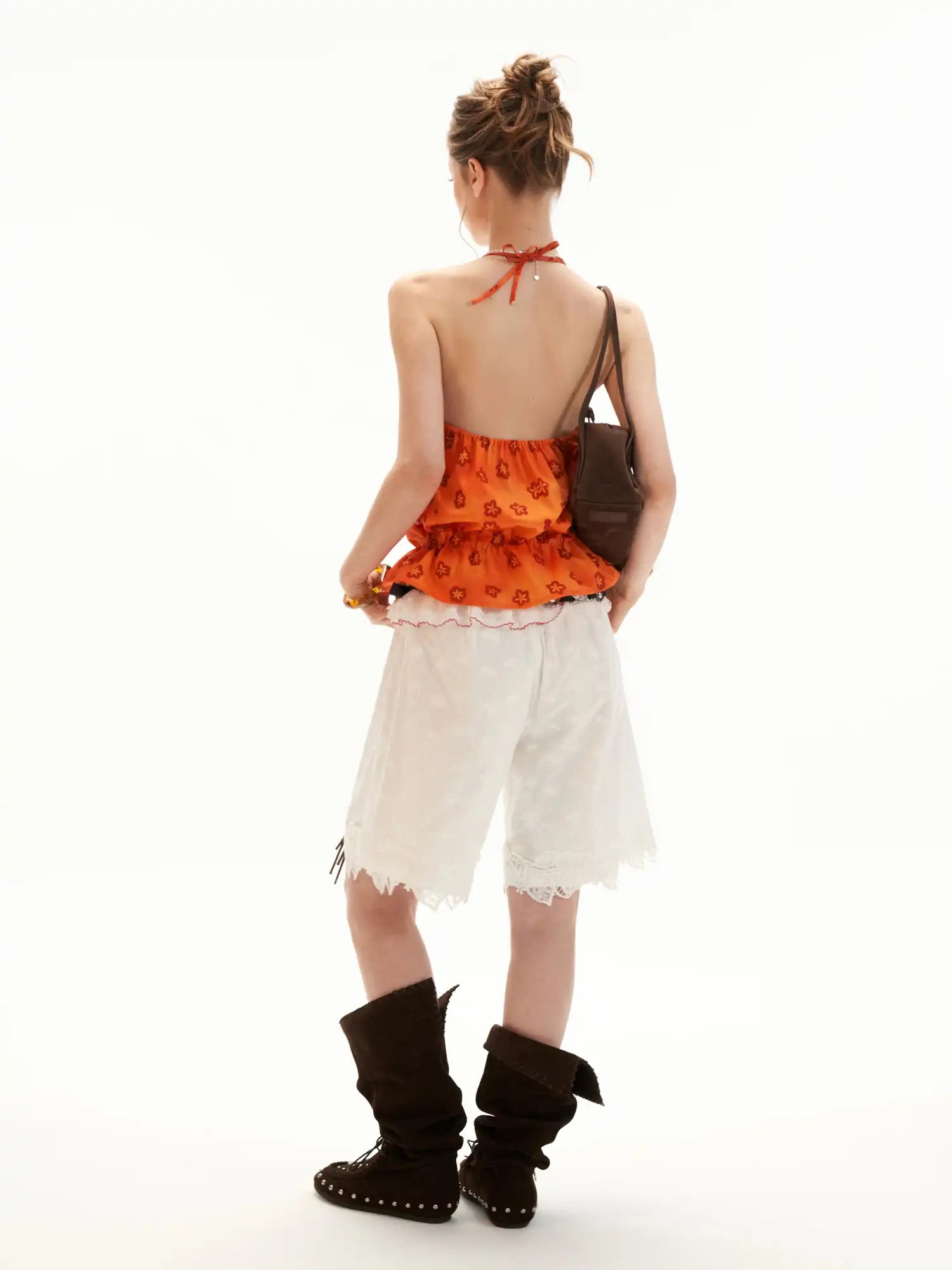 MAMC Tangerine Orange Floral Babydoll Halter Top | Canton Collective