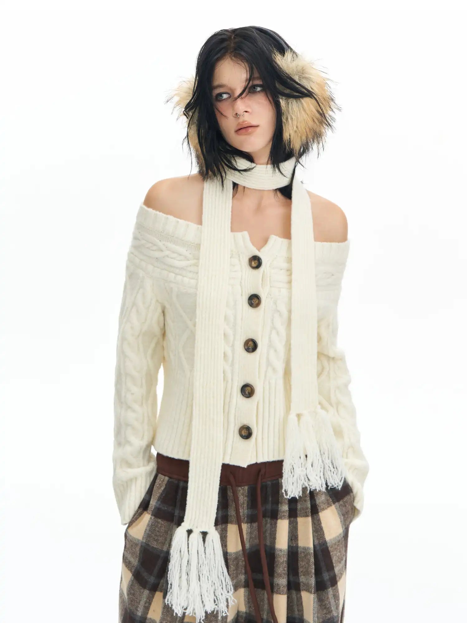Deleteex Tassel Scarf Off Shoulder Sweater | Canton Collective