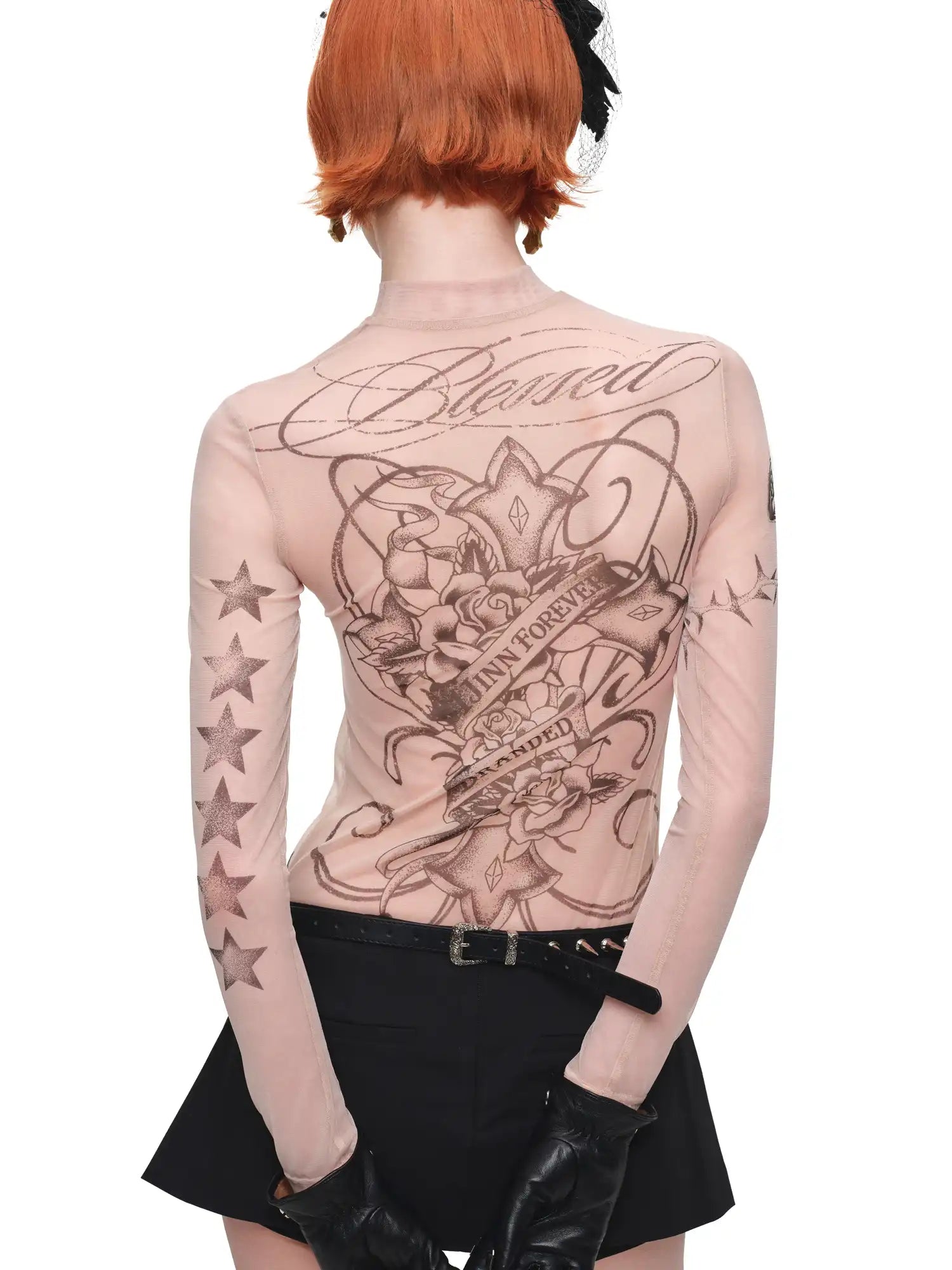 1Jinn Studio Tattoo-Print Sheer Mesh High Neck Top | Canton Collective
