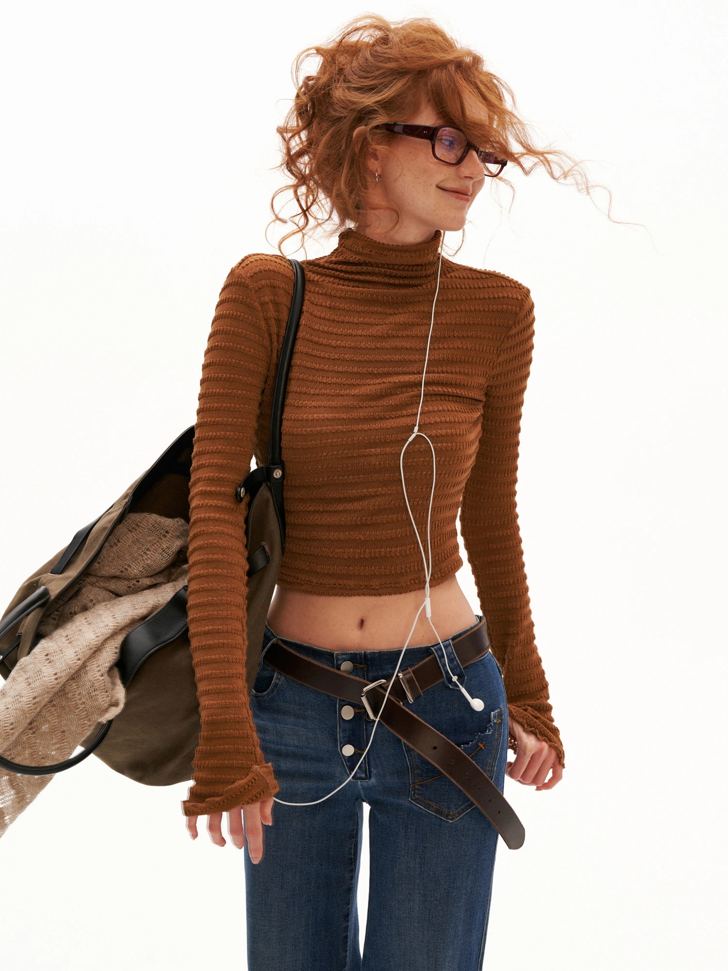 MAMC Textured Mock Neck Long Sleeve Crop Top | Canton Collective