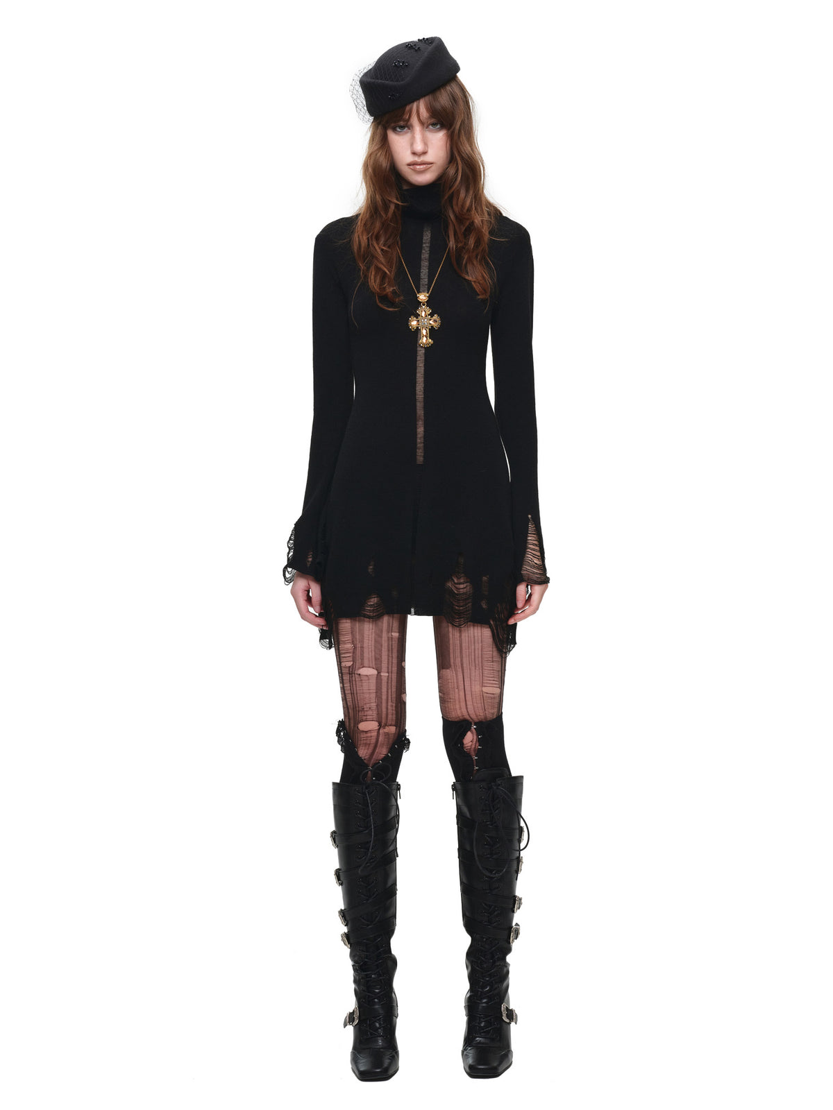 1Jinn Studio Turtleneck Sheer Mini Distressed Knit Dress | Canton Collective