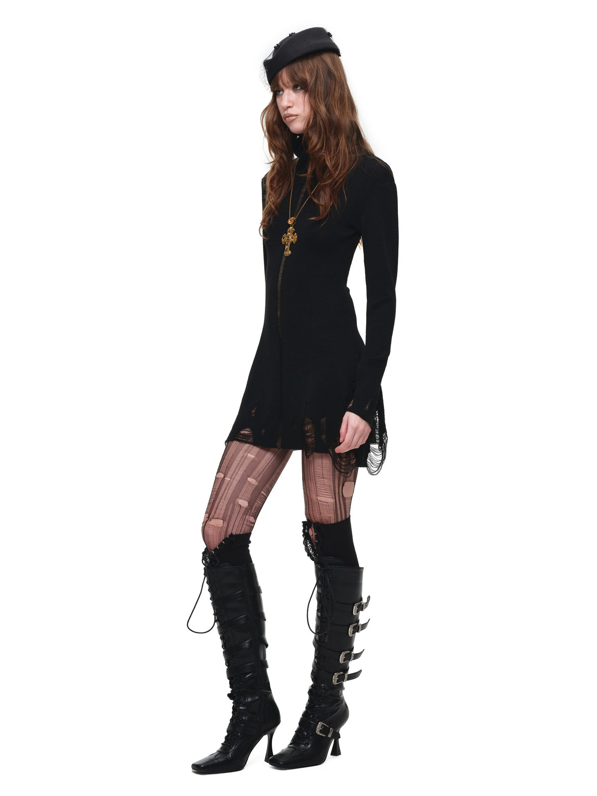1Jinn Studio Turtleneck Sheer Mini Distressed Knit Dress | Canton Collective