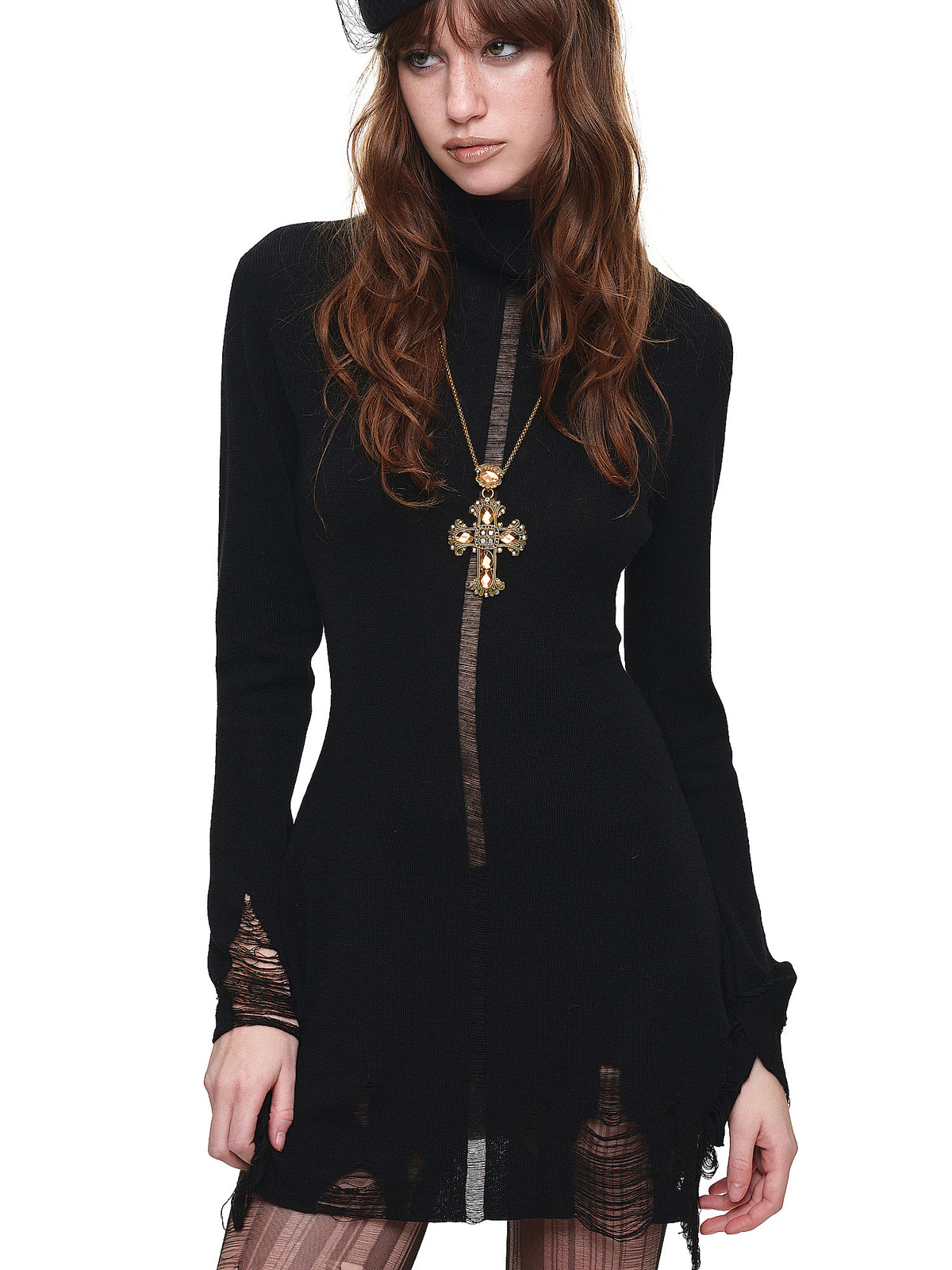 1Jinn Studio Turtleneck Sheer Mini Distressed Knit Dress | Canton Collective