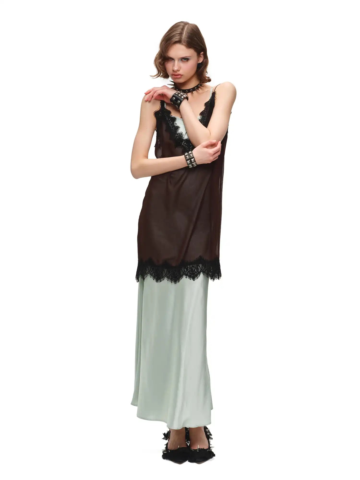 1Jinn Studio Two Piece Lace Trim Satin Midi Slip Dress | Canton Collective