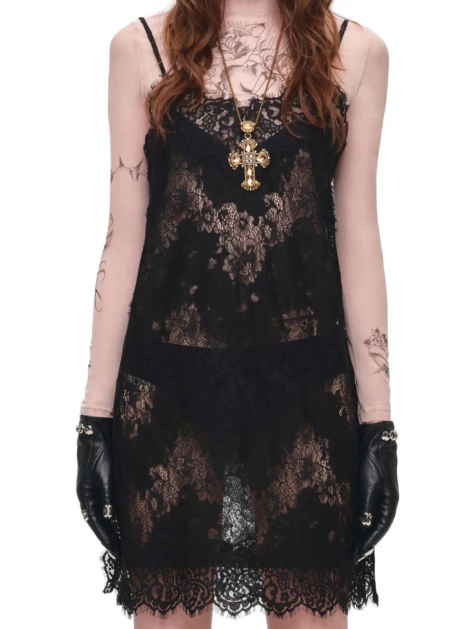 1Jinn Studio V Neck Sheer Lace Slip Mini Dress | Canton Collective