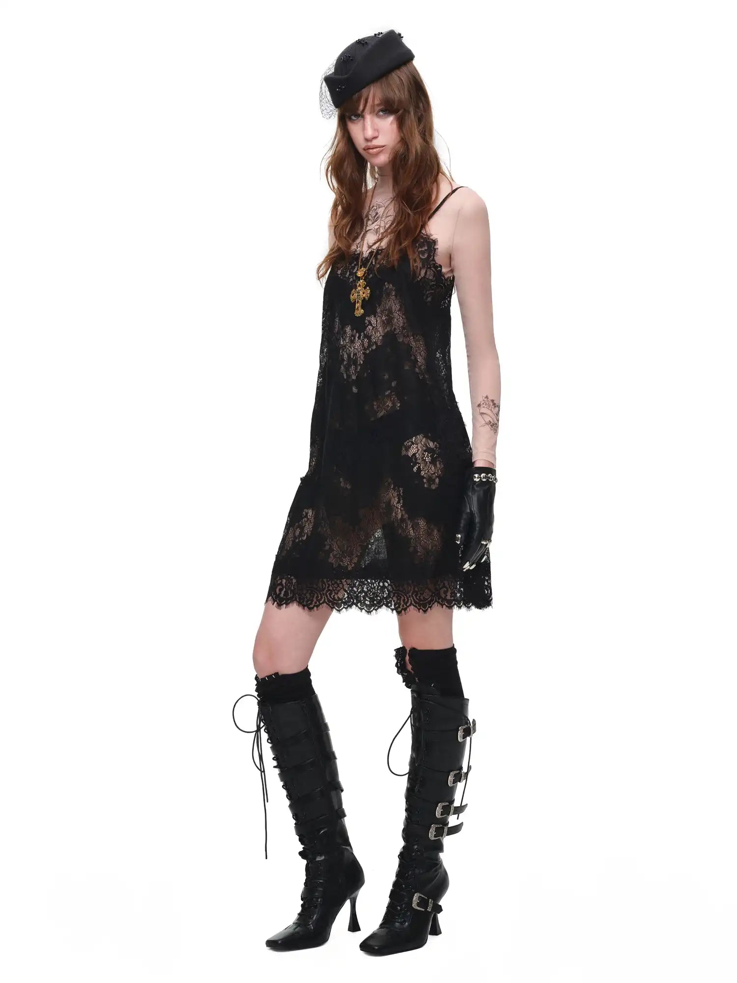 1Jinn Studio V Neck Sheer Lace Slip Mini Dress | Canton Collective