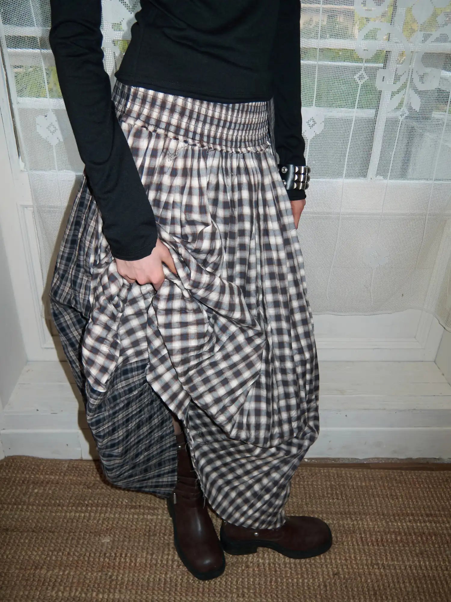 1Jinn Studio Vintage Deconstructed Plaid Panel Ruffle Maxi Skirt | Canton Collective