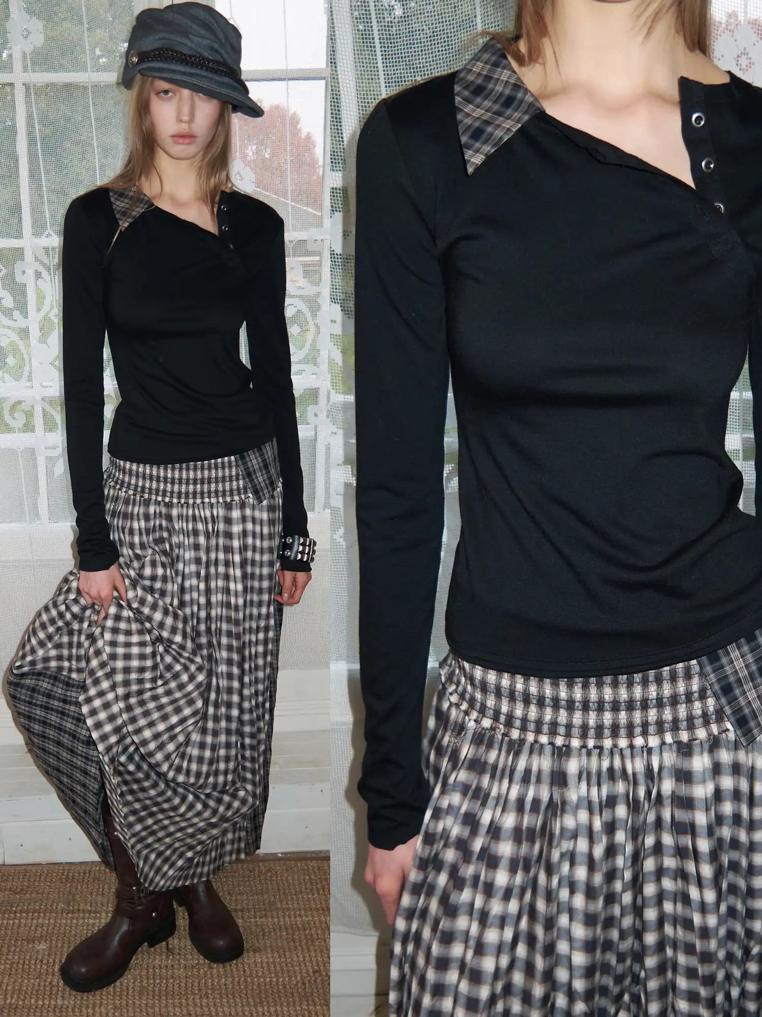 1Jinn Studio Vintage Deconstructed Plaid Panel Ruffle Maxi Skirt | Canton Collective