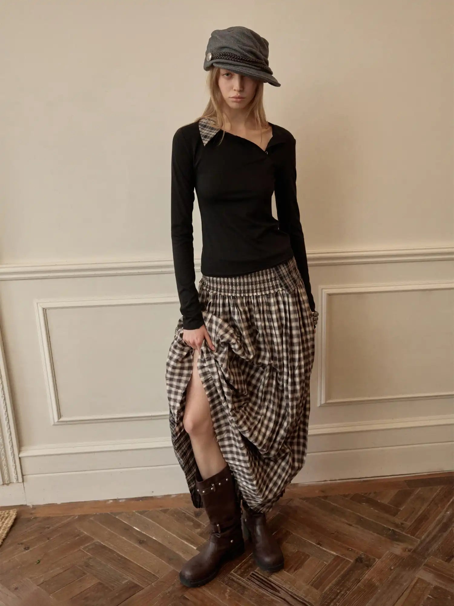 1Jinn Studio Vintage Deconstructed Plaid Panel Ruffle Maxi Skirt | Canton Collective