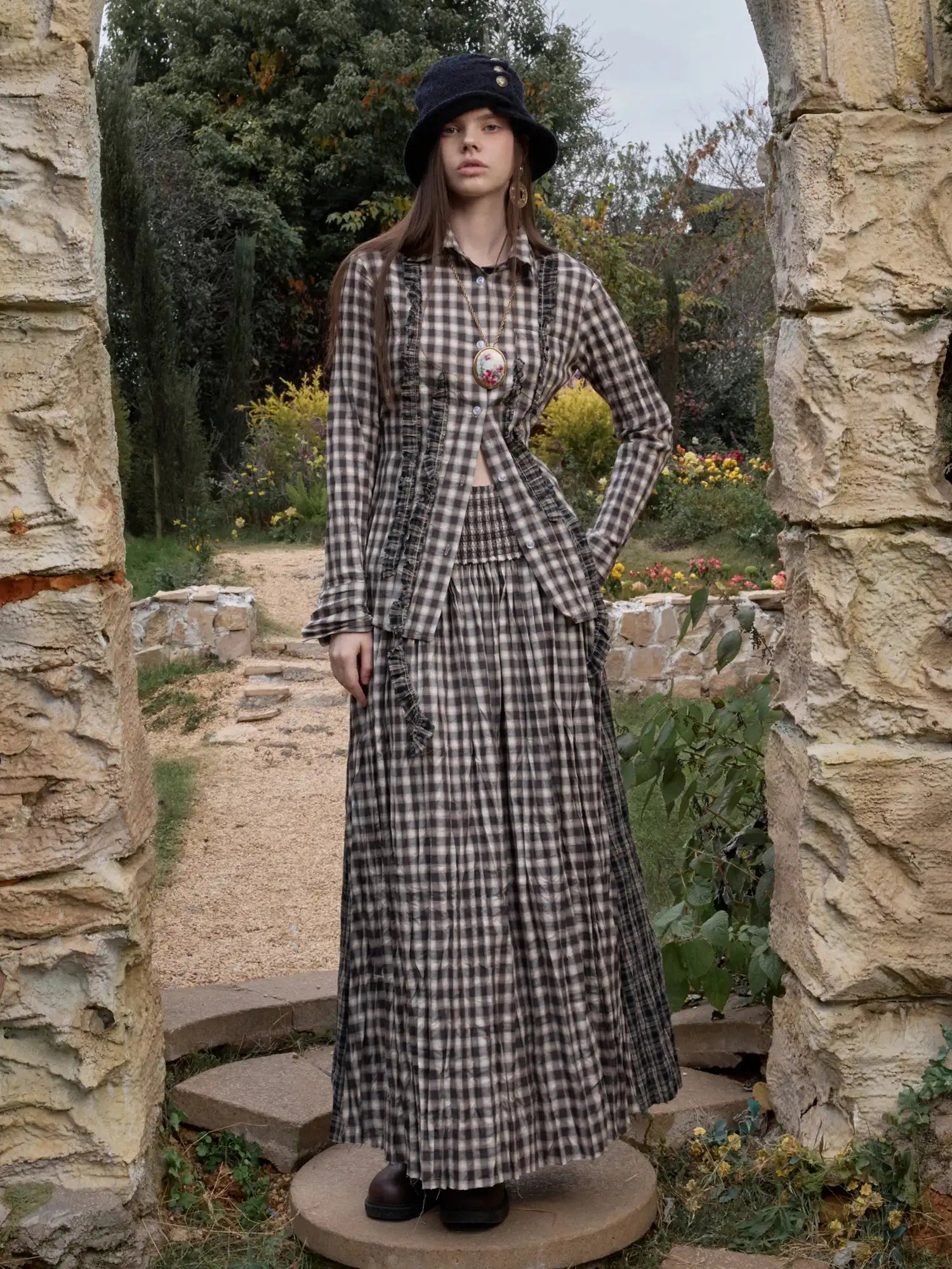 1Jinn Studio Vintage Deconstructed Plaid Panel Ruffle Maxi Skirt | Canton Collective