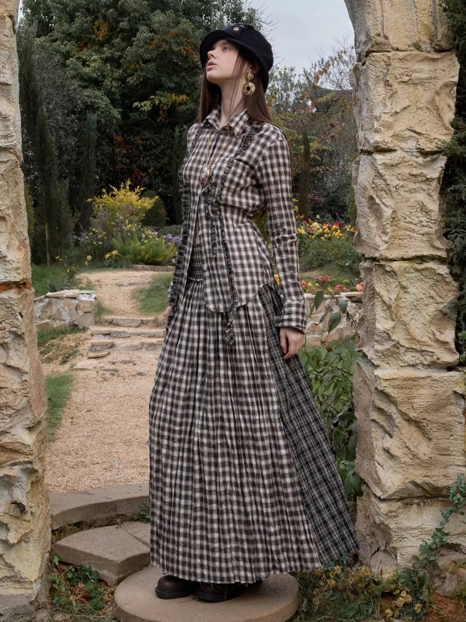 1Jinn Studio Vintage Deconstructed Plaid Panel Ruffle Maxi Skirt | Canton Collective