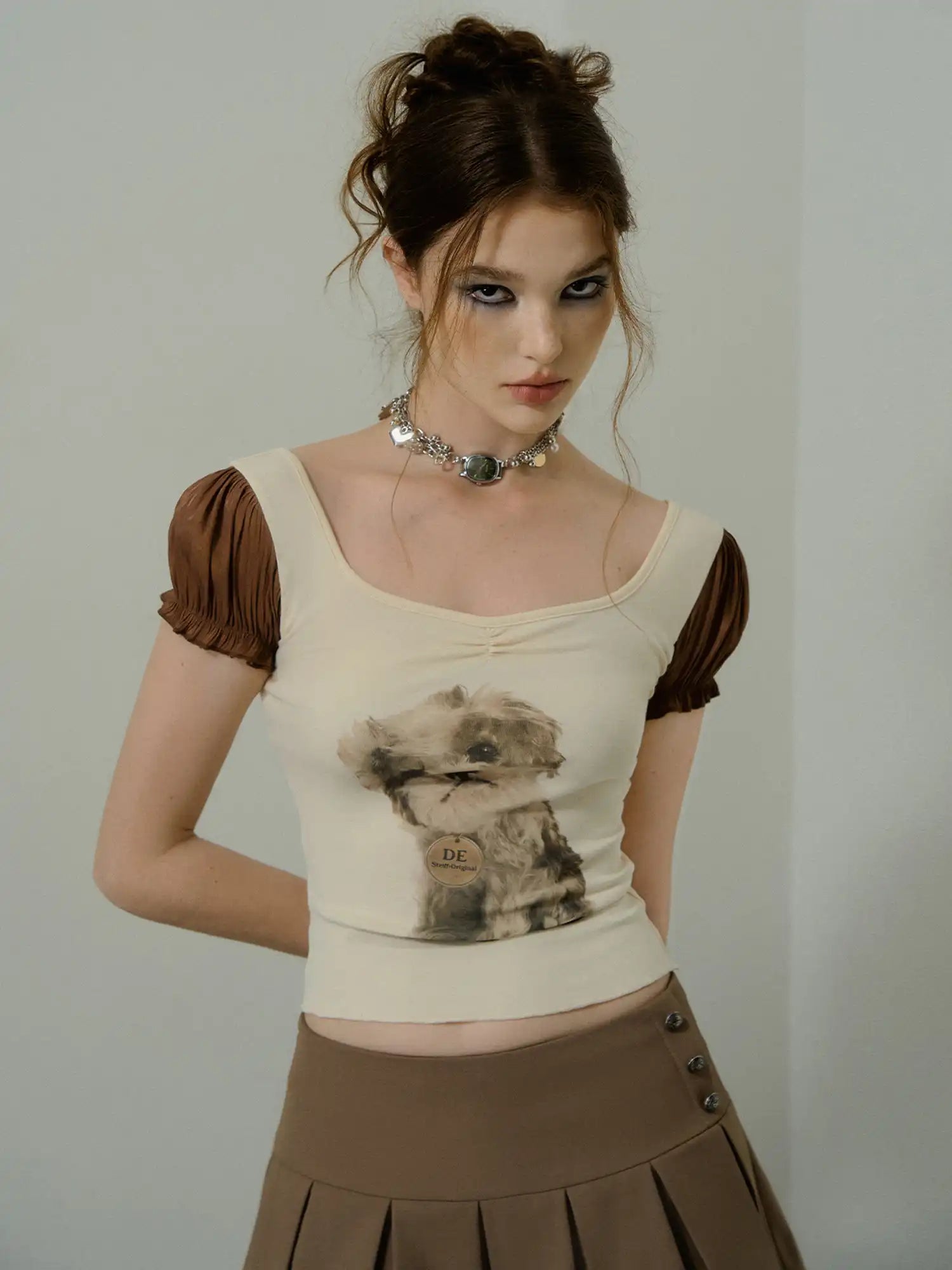 Deleteex Vintage Puppy Puff Sleeves Fitted Baby Tee | Canton Collective