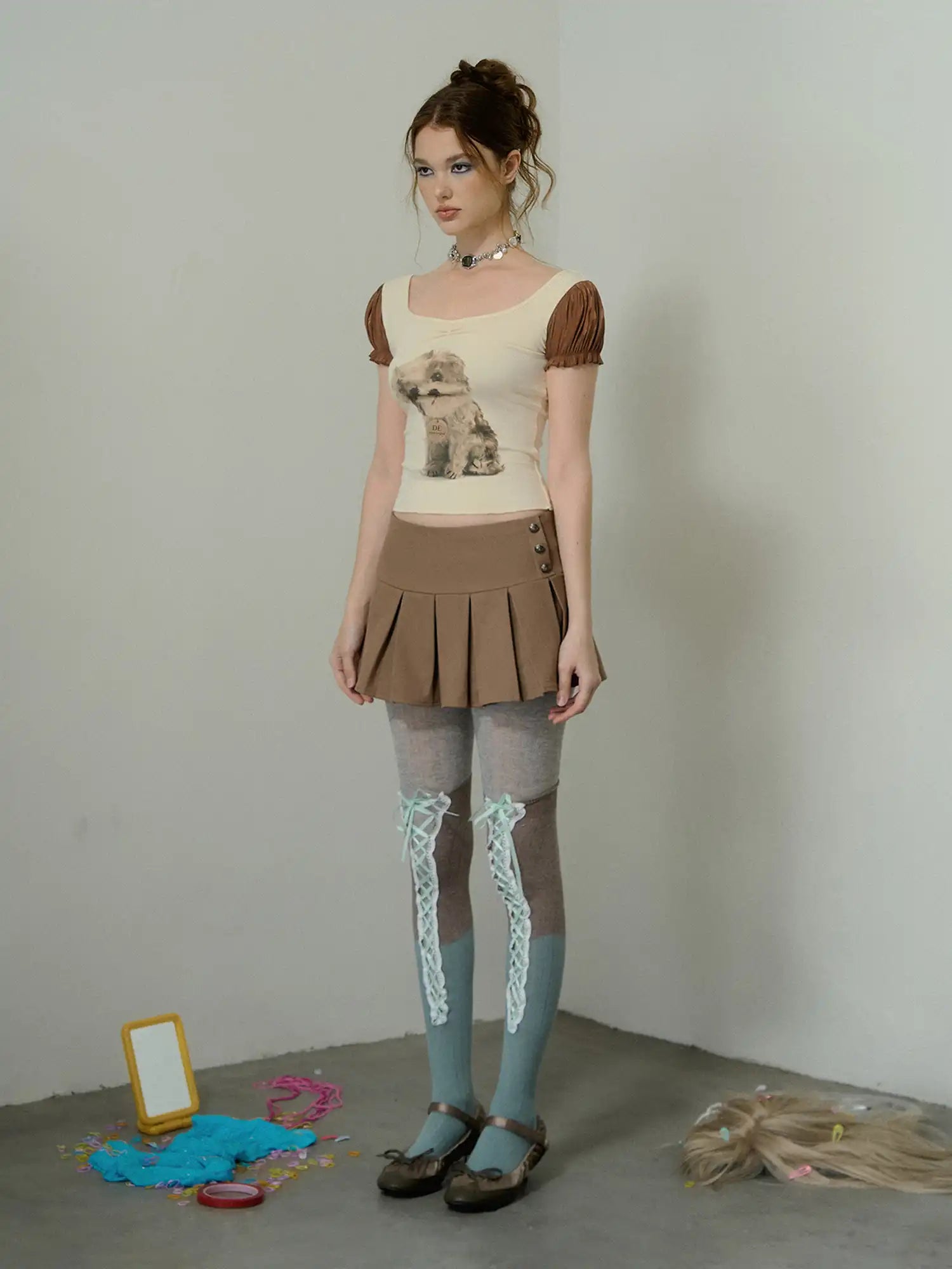 Deleteex Vintage Puppy Puff Sleeves Fitted Baby Tee | Canton Collective