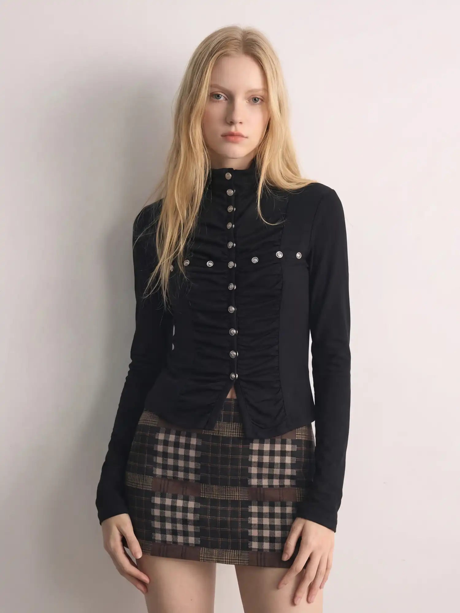 CantonCollective Design Vintage Ruched Stand Collar Blouse Silver Stud Button-Down Fitted Top | Canton Collective