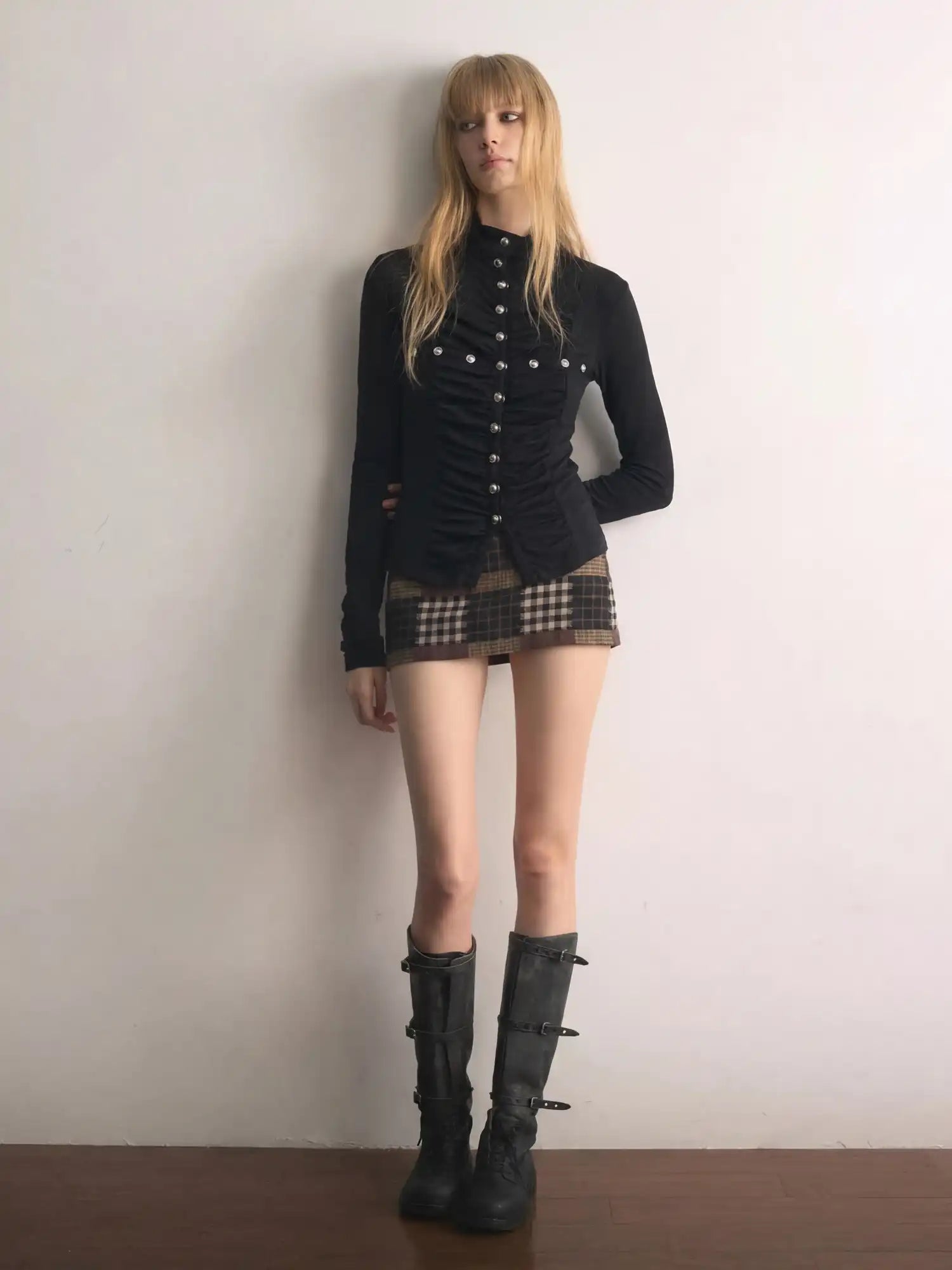 CantonCollective Design Vintage Ruched Stand Collar Blouse Silver Stud Button-Down Fitted Top | Canton Collective