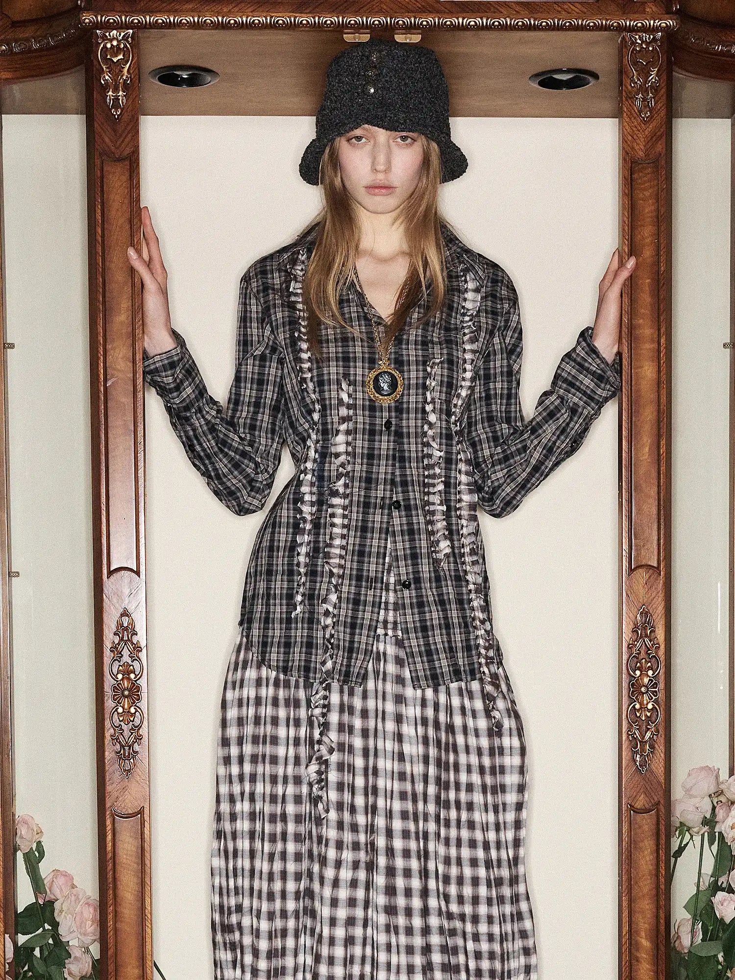 1Jinn Studio Vintage Ruffle Ribbon Panel Plaid Deconstructed Shirt | Canton Collective