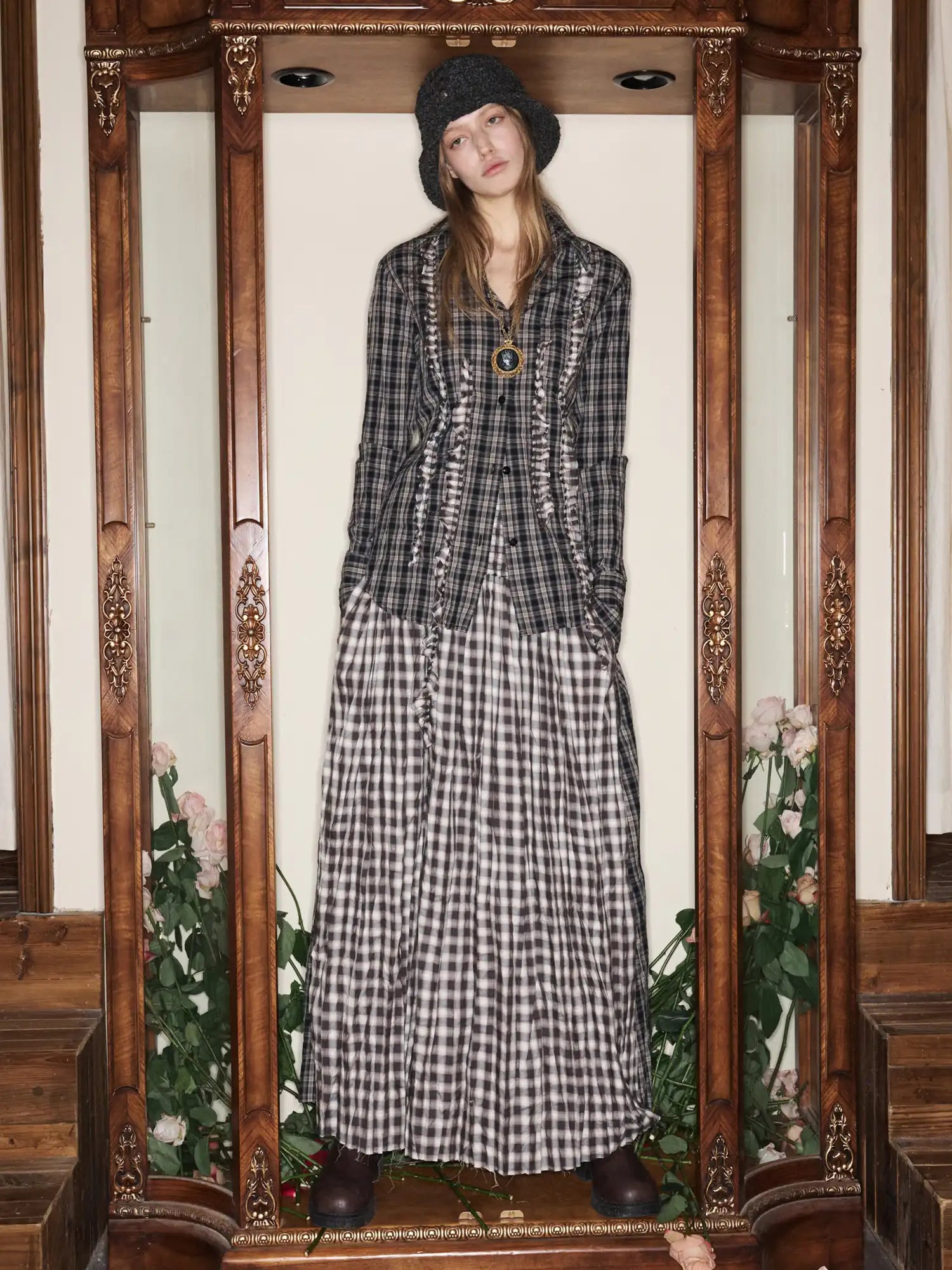 1Jinn Studio Vintage Ruffle Ribbon Panel Plaid Deconstructed Shirt | Canton Collective