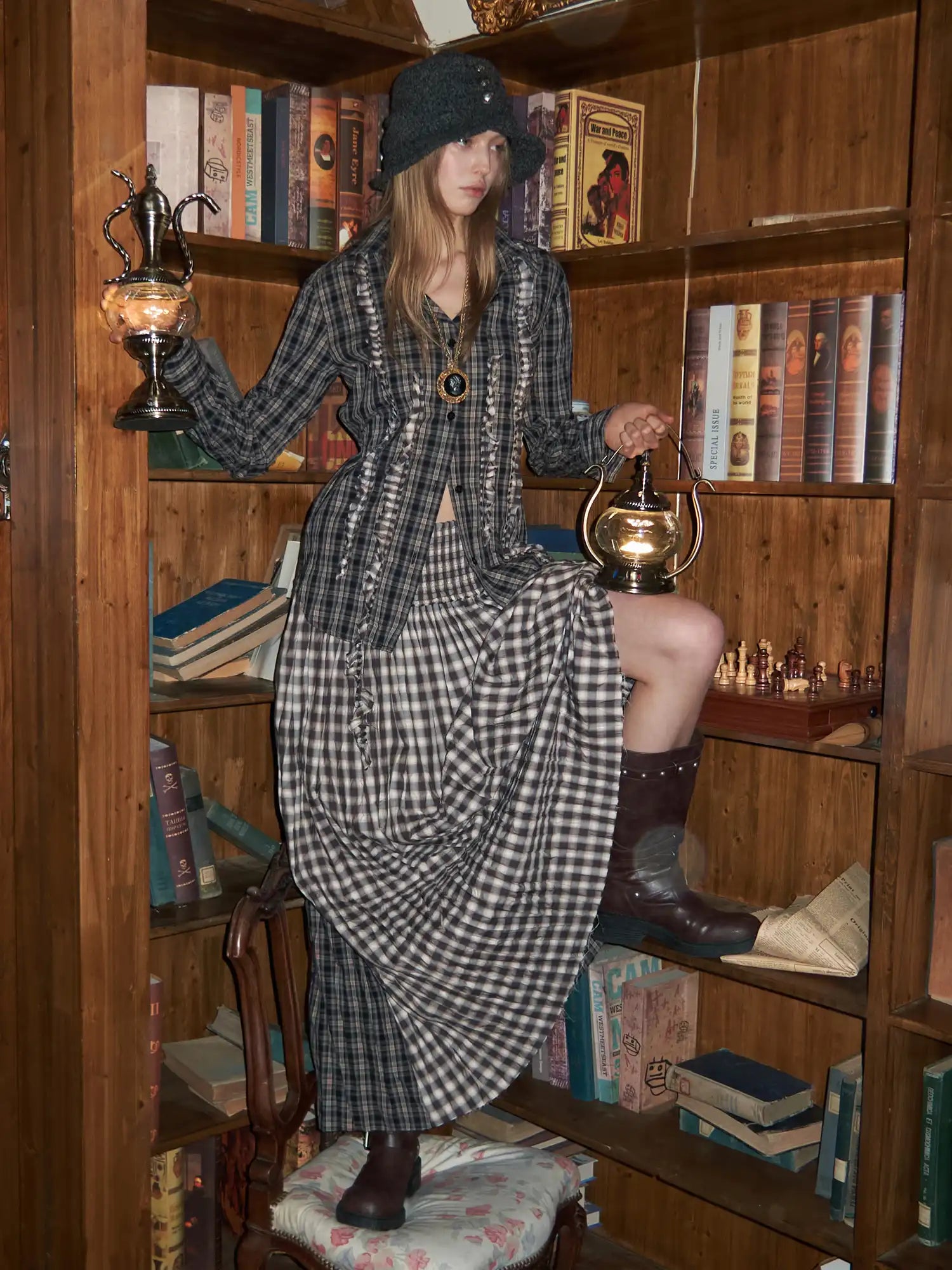 1Jinn Studio Vintage Ruffle Ribbon Panel Plaid Deconstructed Shirt | Canton Collective