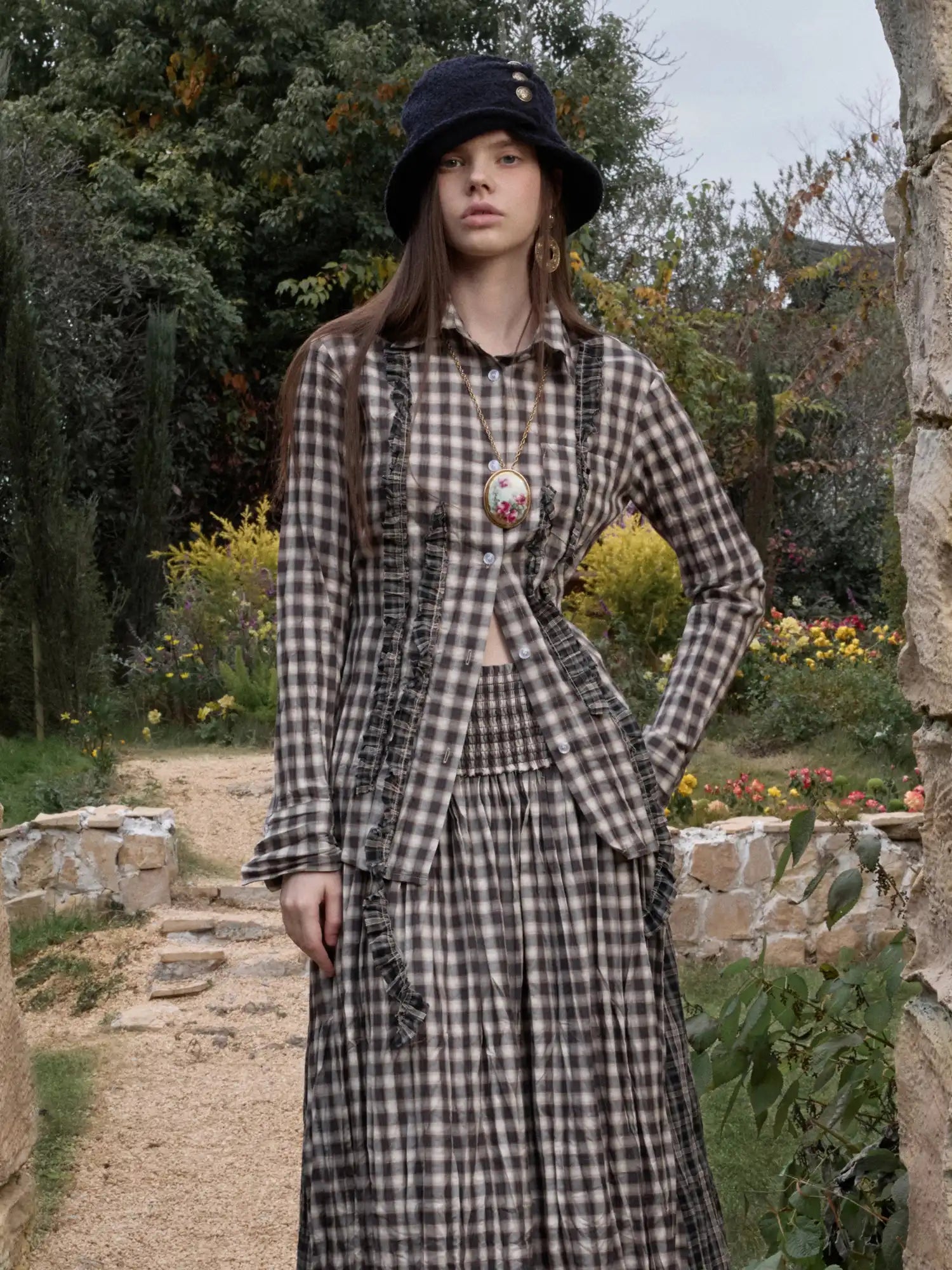 1Jinn Studio Vintage Ruffle Ribbon Panel Plaid Deconstructed Shirt | Canton Collective