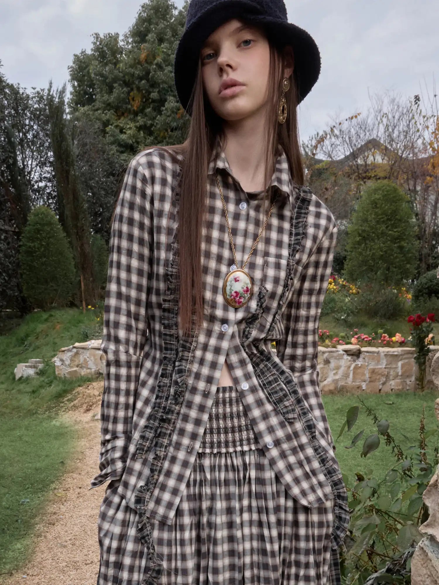 1Jinn Studio Vintage Ruffle Ribbon Panel Plaid Deconstructed Shirt | Canton Collective