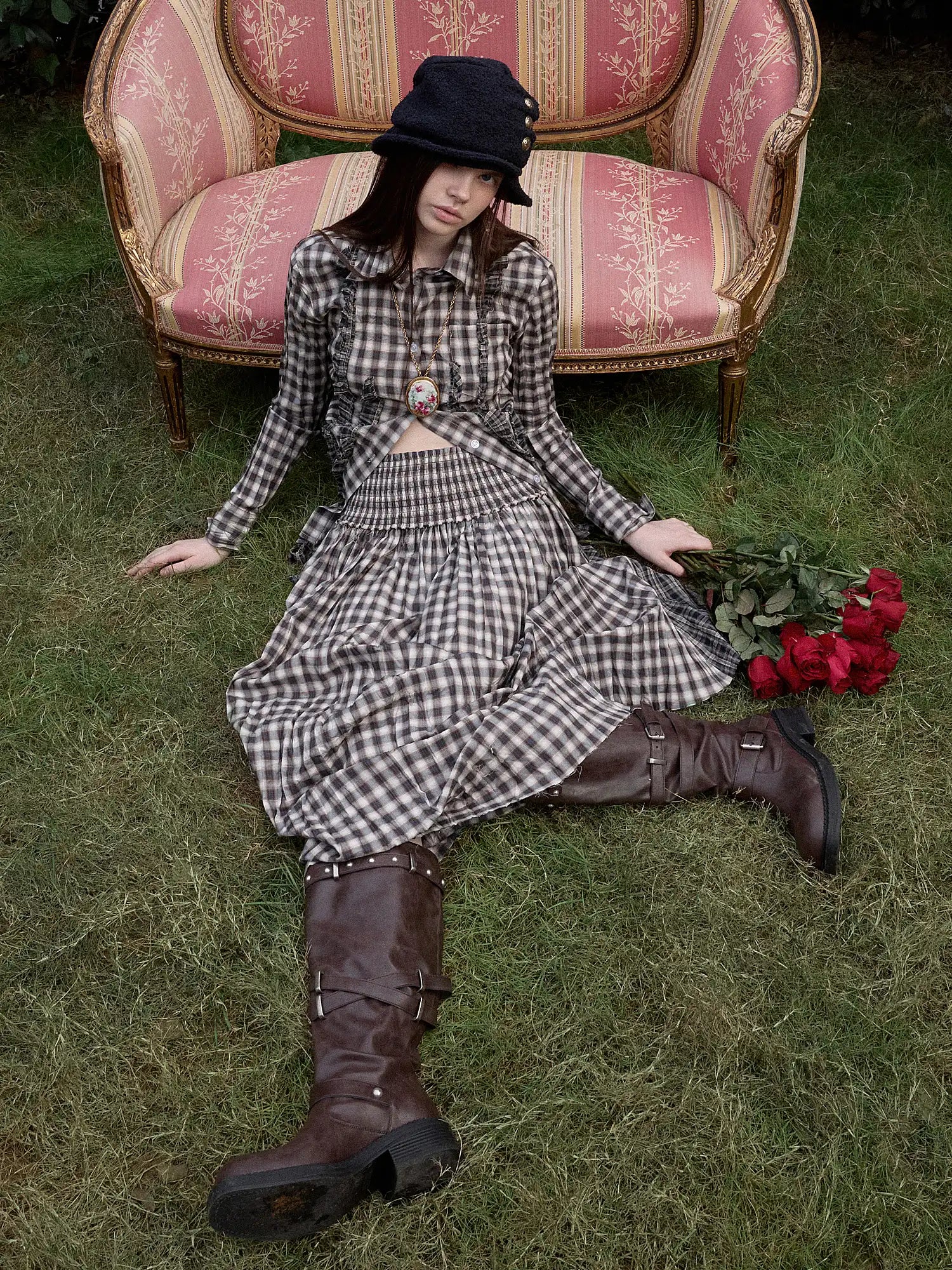 1Jinn Studio Vintage Ruffle Ribbon Panel Plaid Deconstructed Shirt | Canton Collective