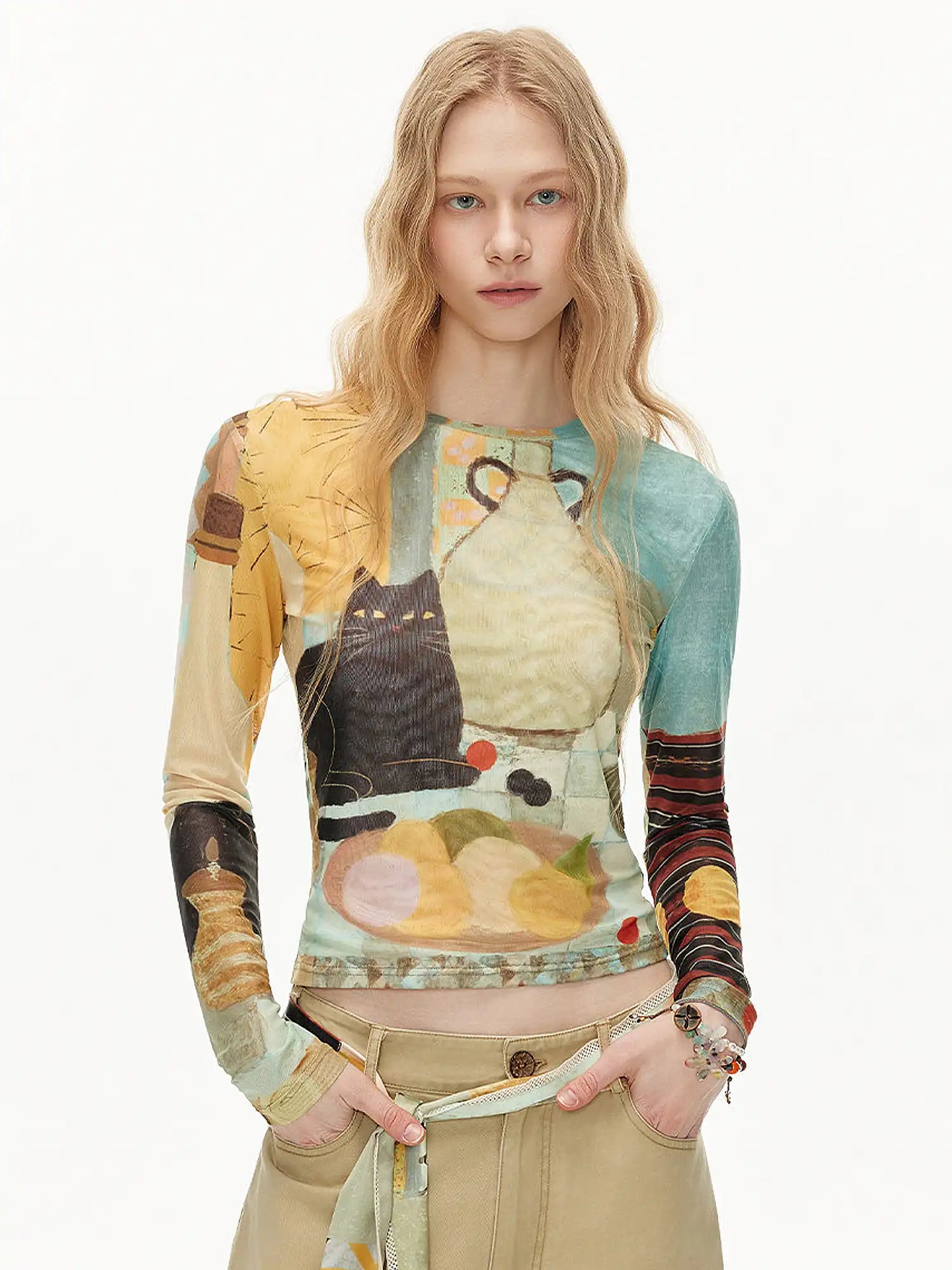 Outtheblue Whimsical Cat Long-Sleeve Fitted Crop Top | Canton Collective