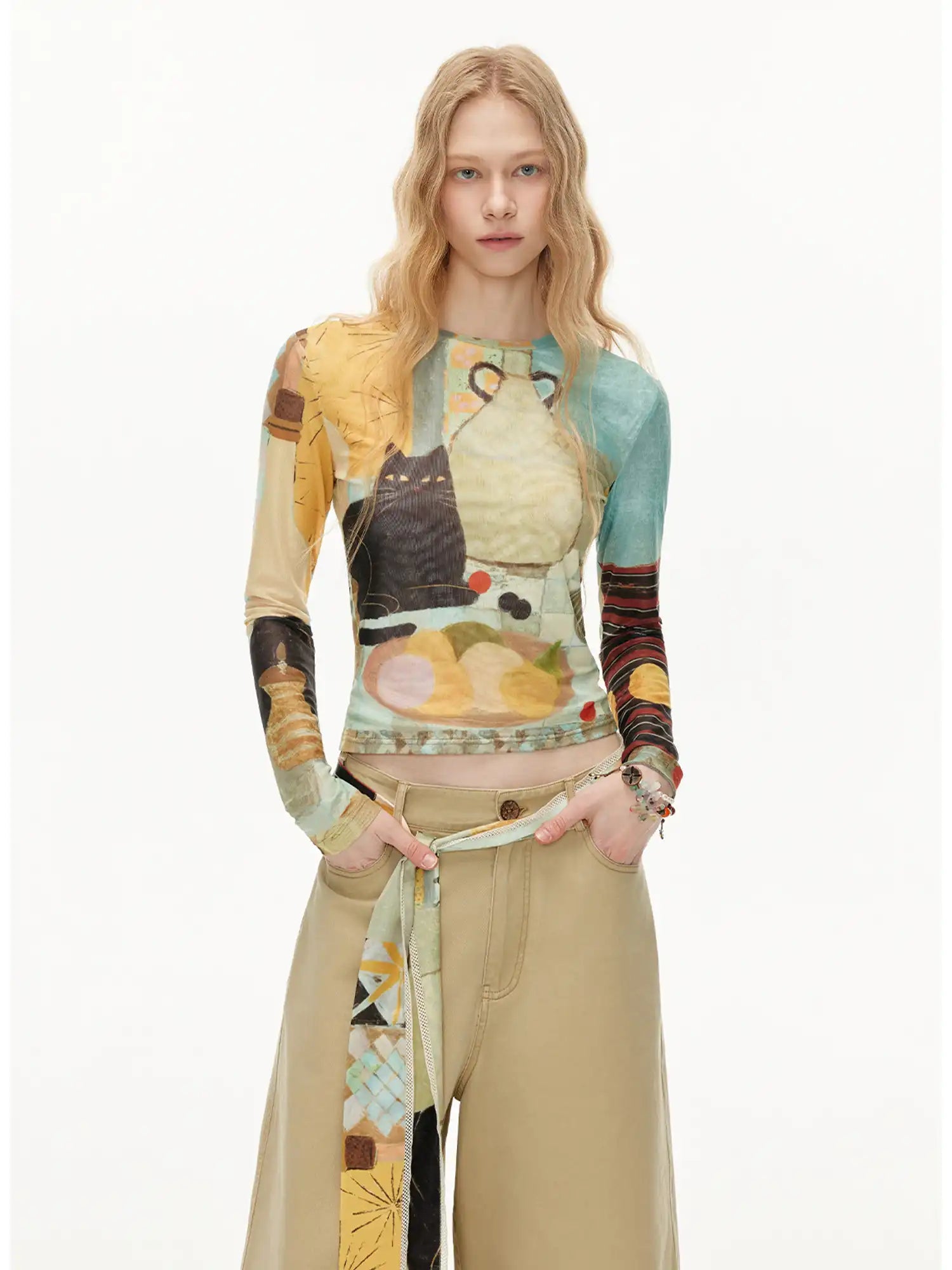 Outtheblue Whimsical Cat Long-Sleeve Fitted Crop Top | Canton Collective