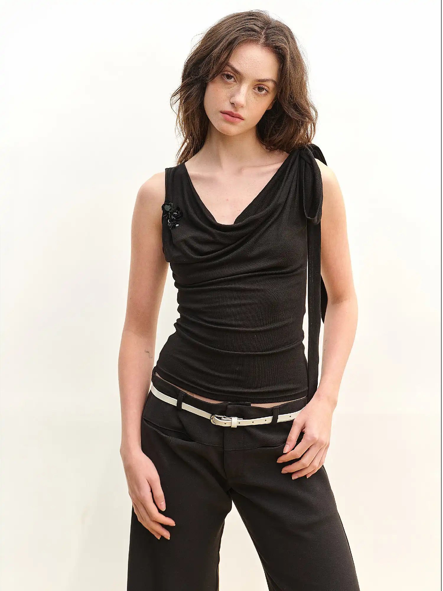 Muse Naps Wool Blend Ribbon Tie Cowl Neck Top | Canton Collective