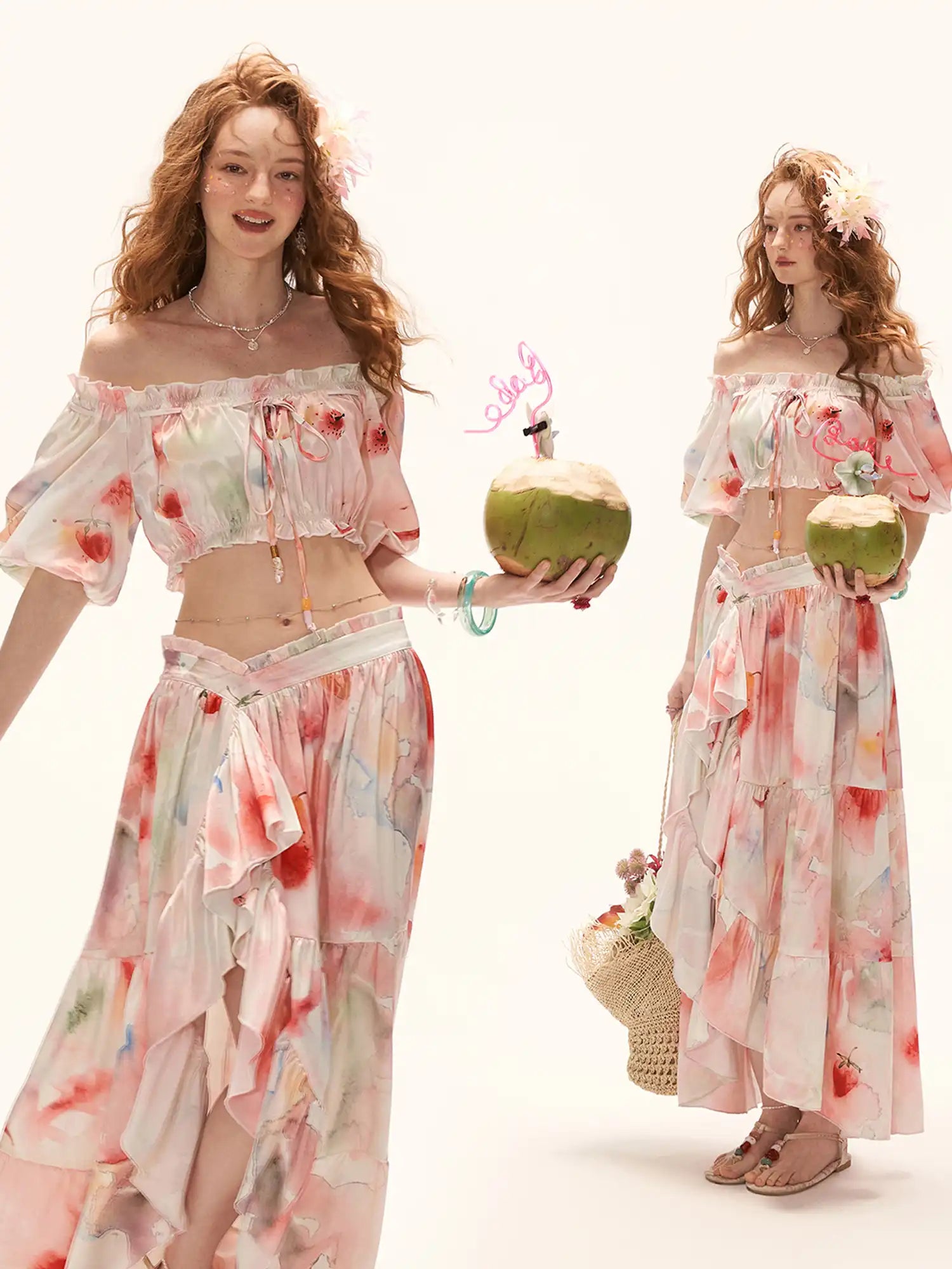 MAMC Y2K Fruity Ruffle Trim Satin Shirred Bardot Top | Canton Collective