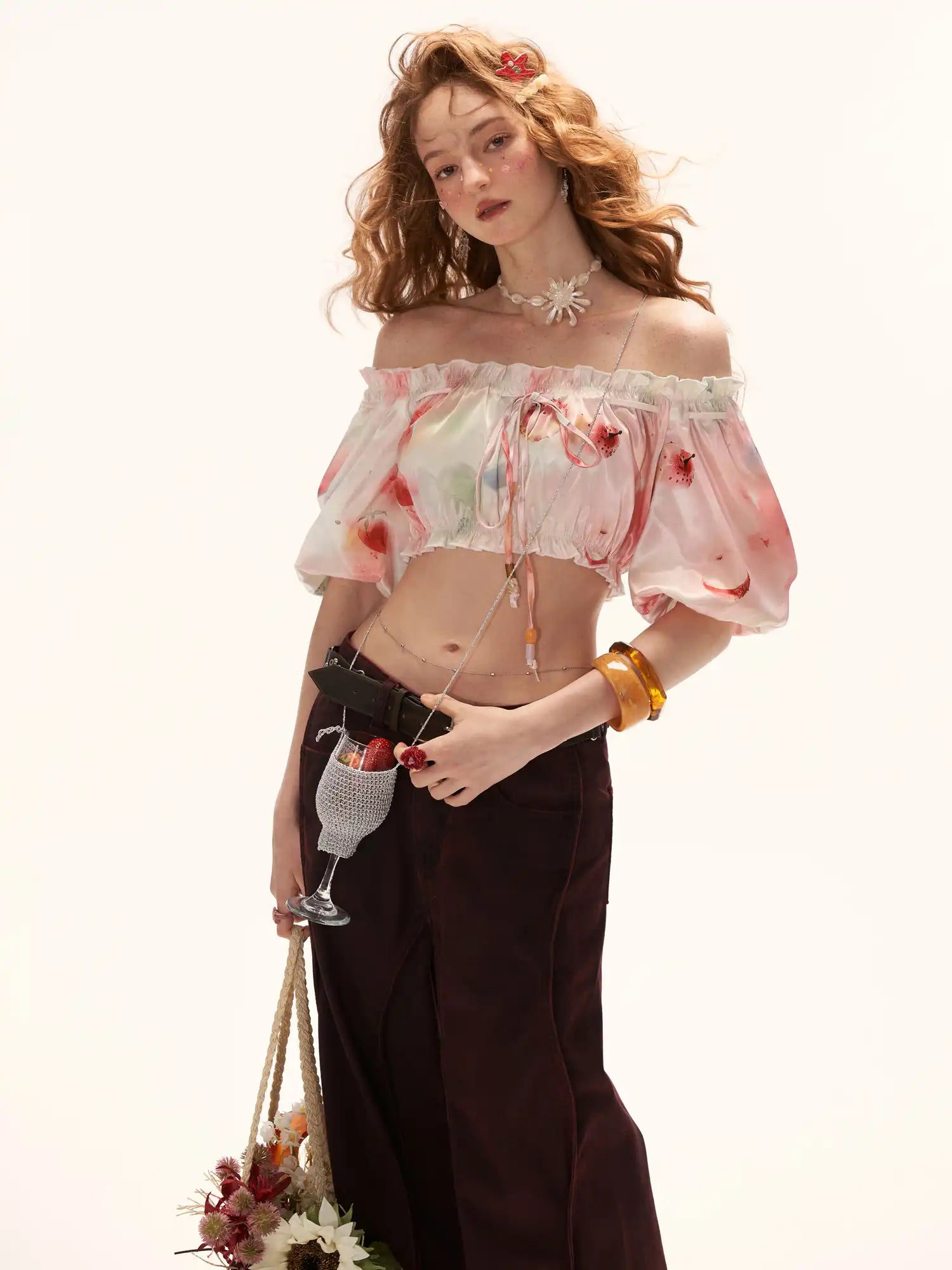 MAMC Y2K Fruity Ruffle Trim Satin Shirred Bardot Top | Canton Collective